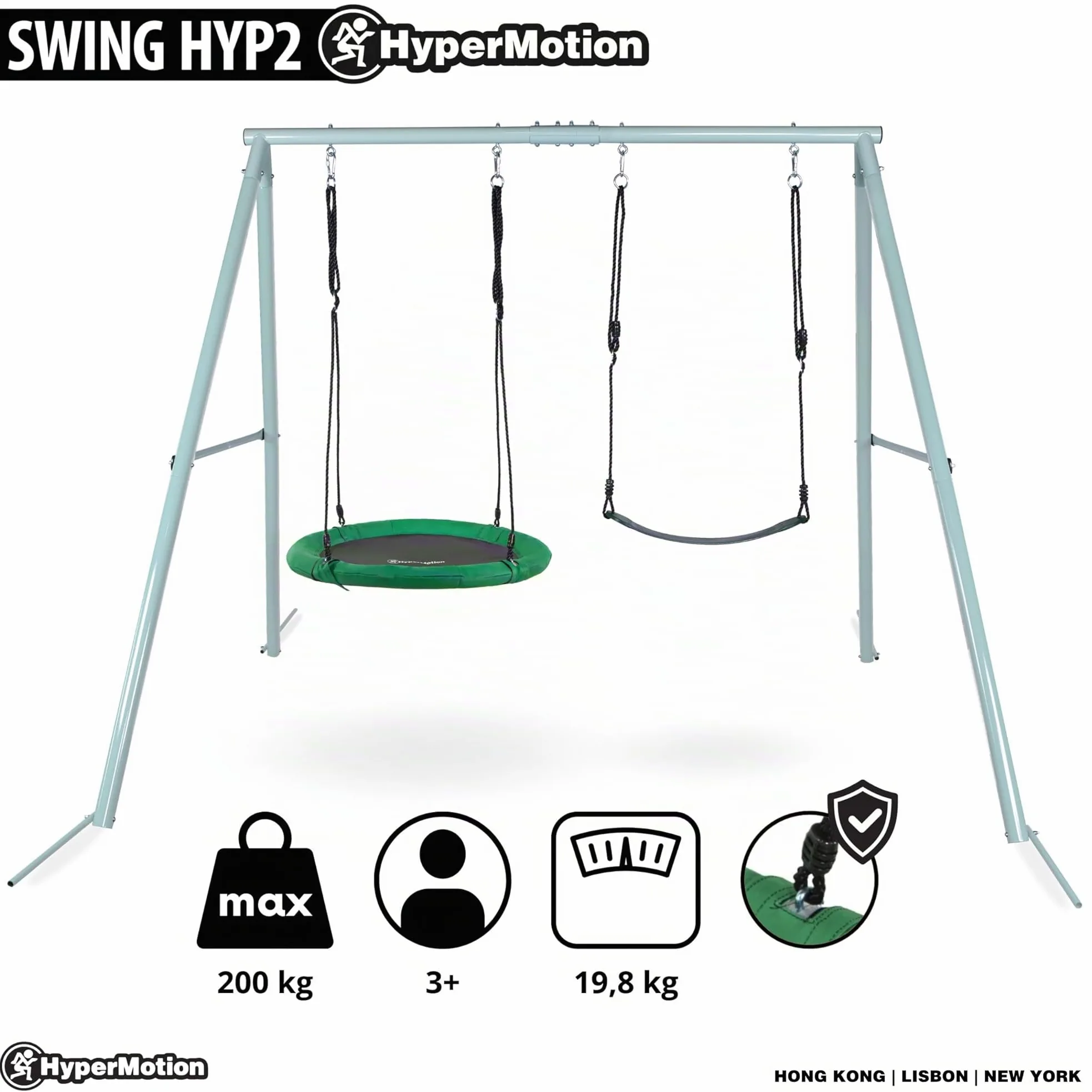 HyperMotion Columpio Infantil Doble para Jardín Exterior - Asiento y Nido de Cigüeña Ajustable con Estructura en A - para 2-3 Niños, Carga 200kg, Resistente UV