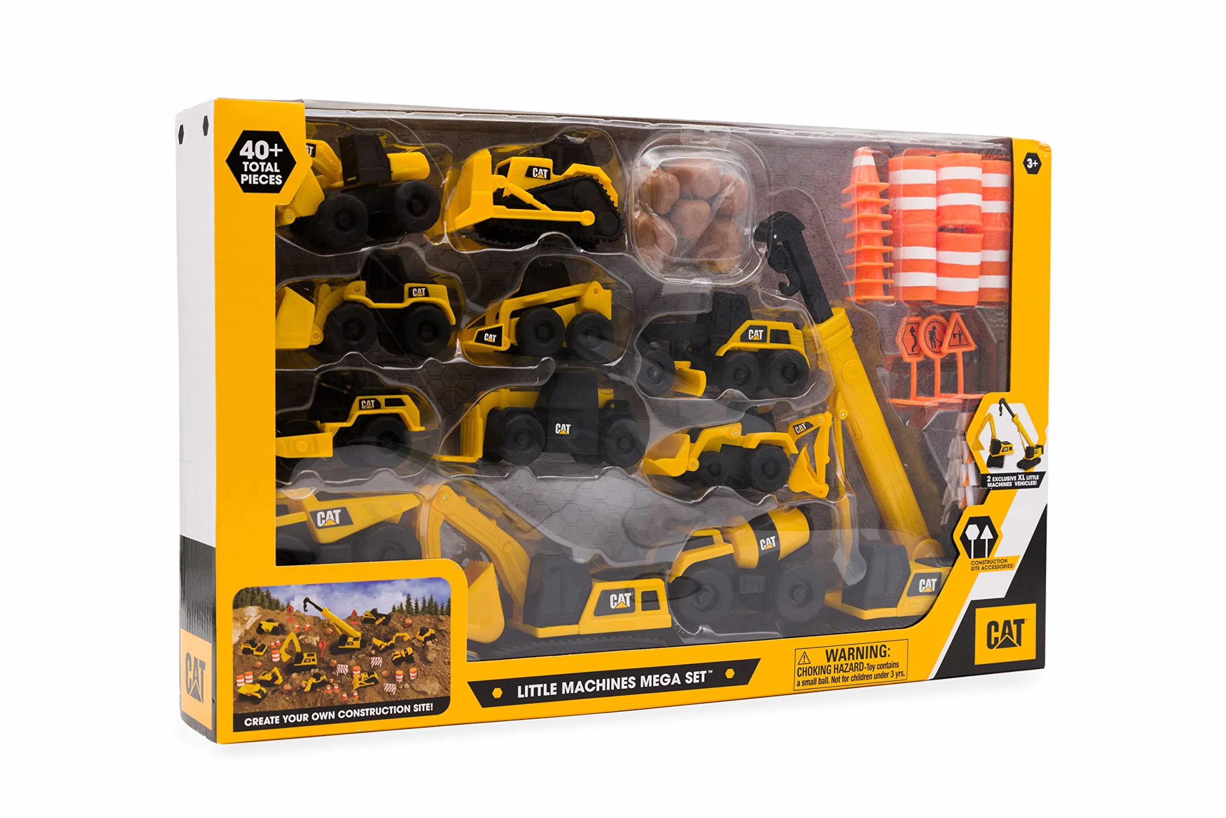 CAT Construction Toys, Little Machines Mega Set – 40+ Pieces with XL Crane & Excavator, 10 Mini Vehicles, Road Signs, Cones, Boulders & Barricades, Indoor/Outdoor STEM Toy for Kids Ages 3 +