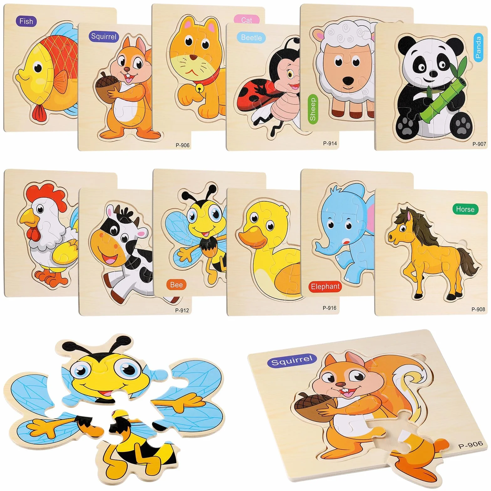 Puzzles de Madera Montessori 12 Piezas Juguetes Educativos Animales Infantil 1 2 3 Año Rompecabezas