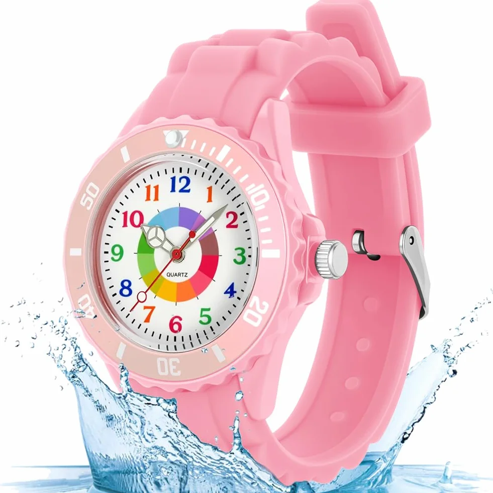 Reloj de Aprendizaje para Niños Impermeable, Analógico con Correa Suave y Esfera Colorida
