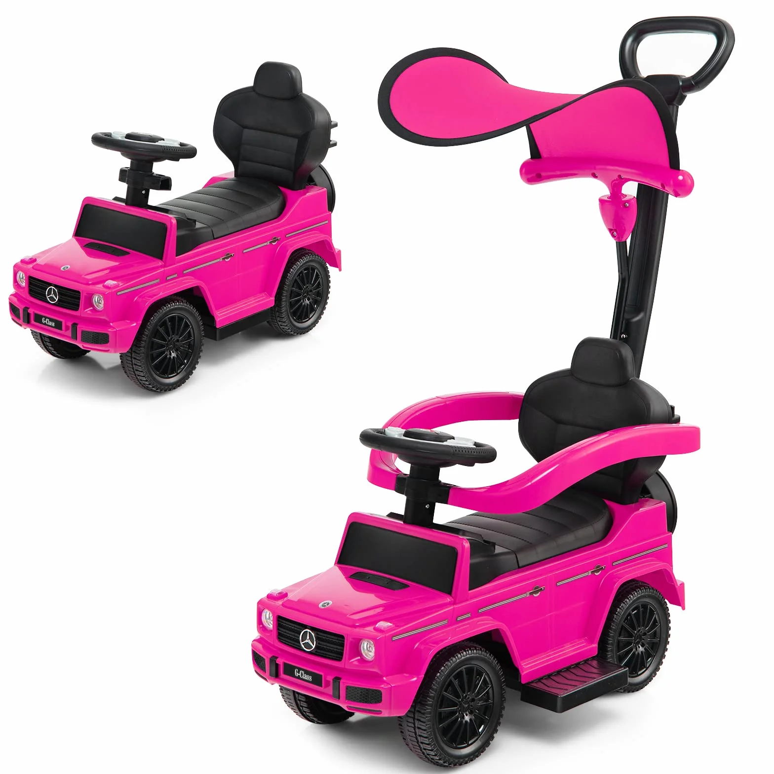 COSTWAY 3 en 1 Coche Correpasillos para Niños, Coche de Paseo Infantil Mercedes Benz con Toldo Ajustable, Manija para Padres, Barandilla para Apoyabrazos, Sonido del Motor y Bocina (Rosa)