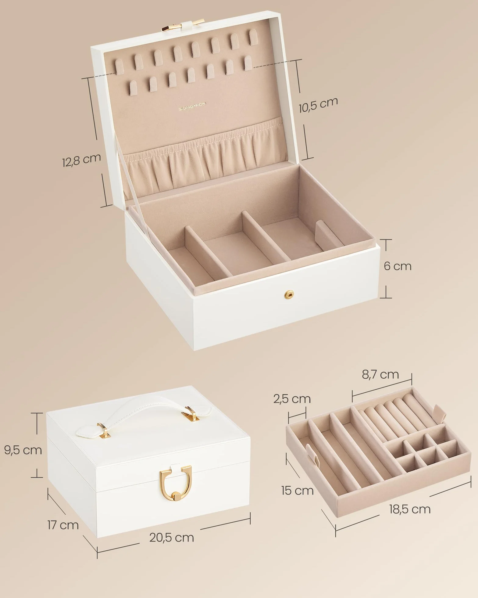 SONGMICS Caja Joyero, Organizador de Joyas de 2 Niveles con Bandeja Extraíble y Asa, para Collares, Pendientes y Anillos, 17 x 20,5 x 9,5 cm, Ideal para Regalo, Blanco Crema JBC208WD01