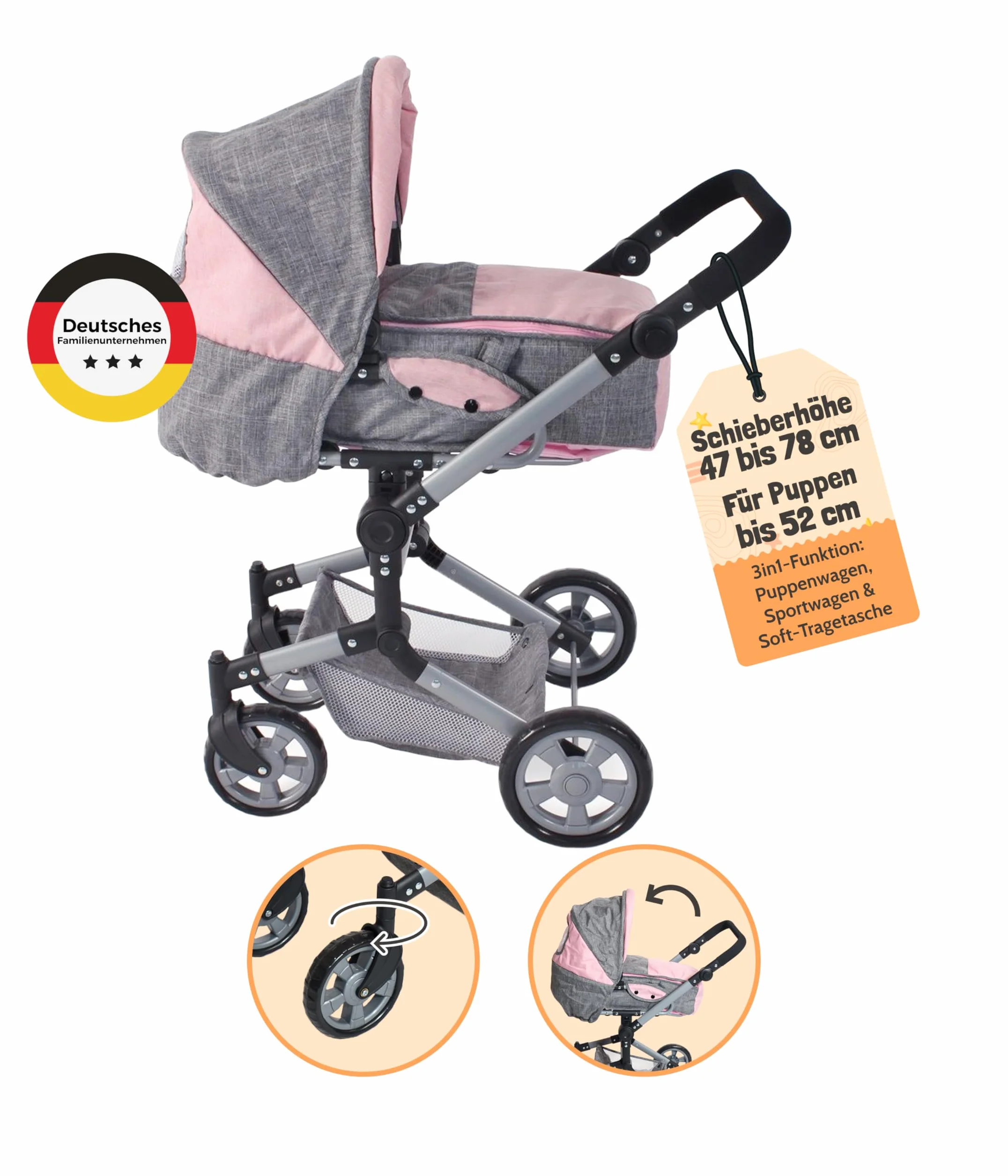 Bayer Chic 2000 Carrito 3 en 1 para muñecas Jara, Gris y Rosa, Plegable, Mango Regulable 47-78 cm, Bolsa Transporte