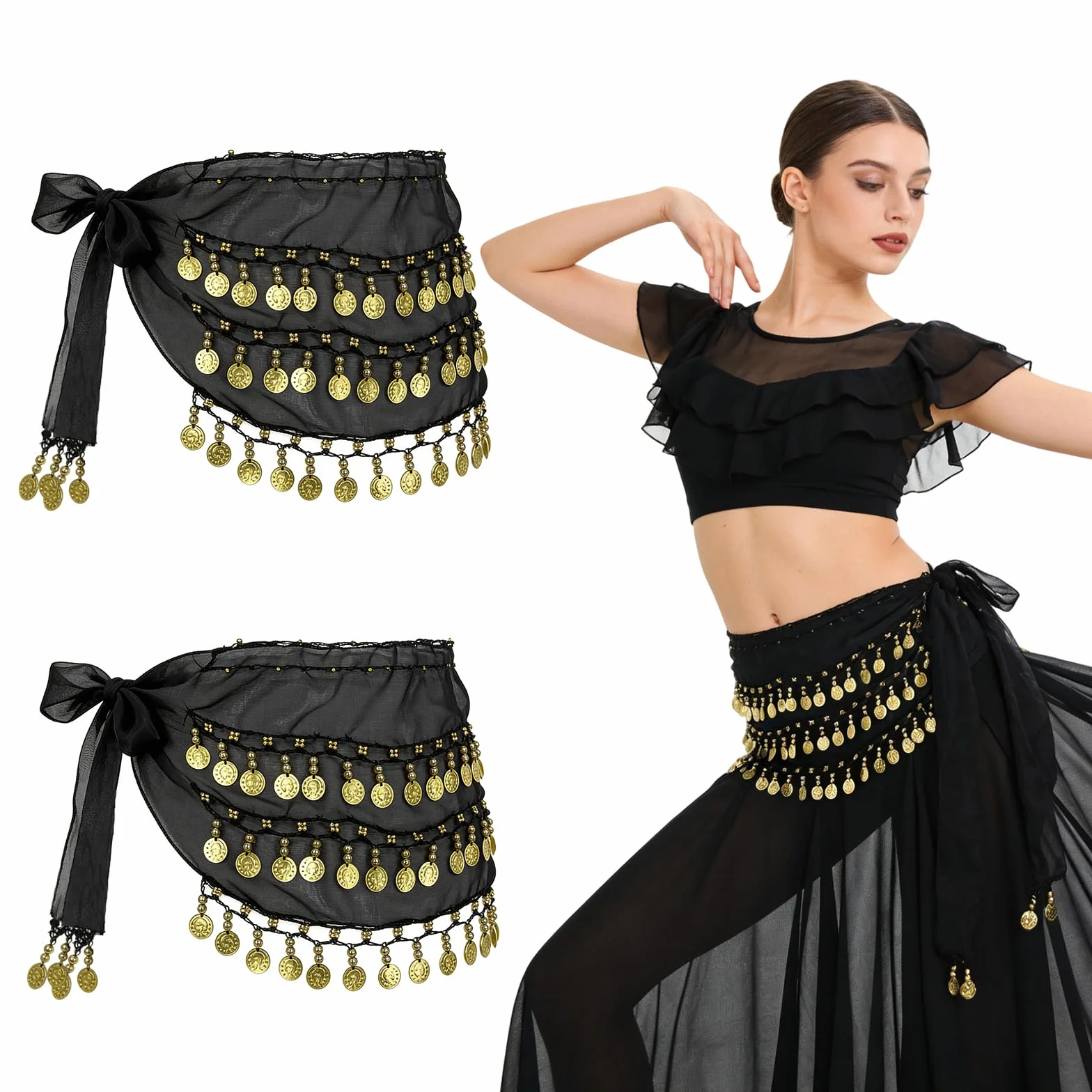 Cinturón Danza del Vientre Negro 2 Piezas, Falda de Gasa 145 cm, Traje de Actuación para Mujeres