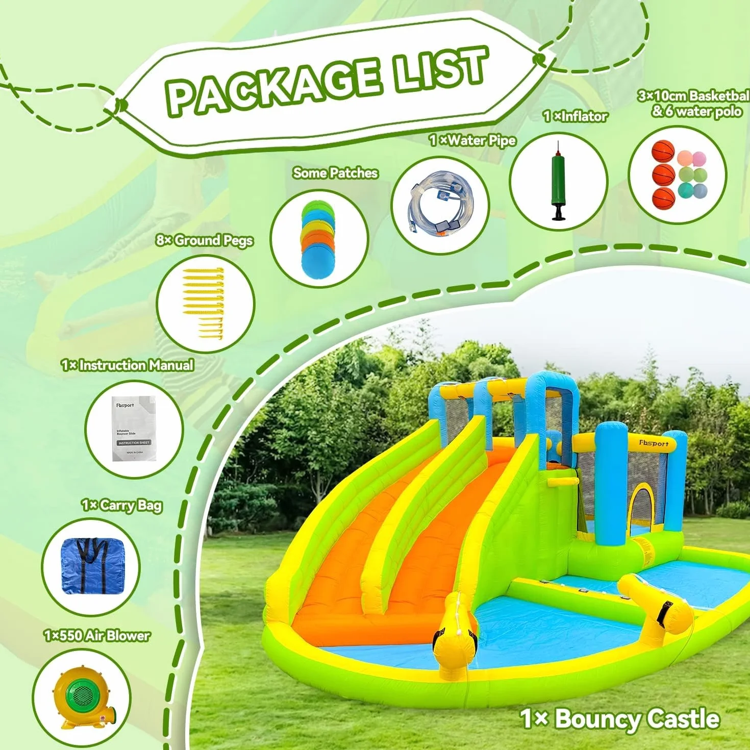 FBSPORT Castillo Hinchable Grande con Ventilador para niños Grandes tobogán seco y de Agua, Adecuado para niños, Castillo Children's Bouncy para Uso Interior o Exterior
