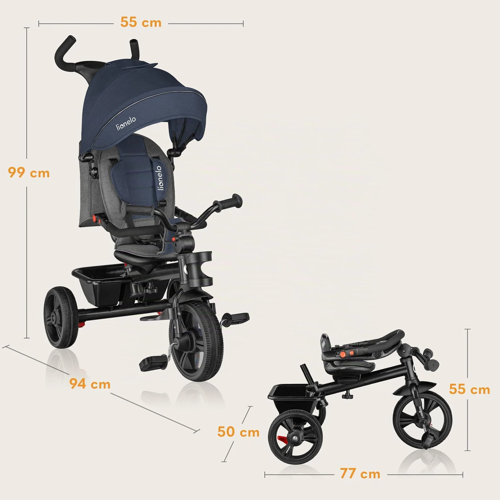 LIONELO Haari Triciclo Evolutivo para Niños, Bicicleta Bebe 4 en 1, Menores hasta 25 kg, 1,5-5 años, Carrito Cesta espaciosa, Bolsa y portavasos, Cinturones de 3 Puntos, Toldo Jeans