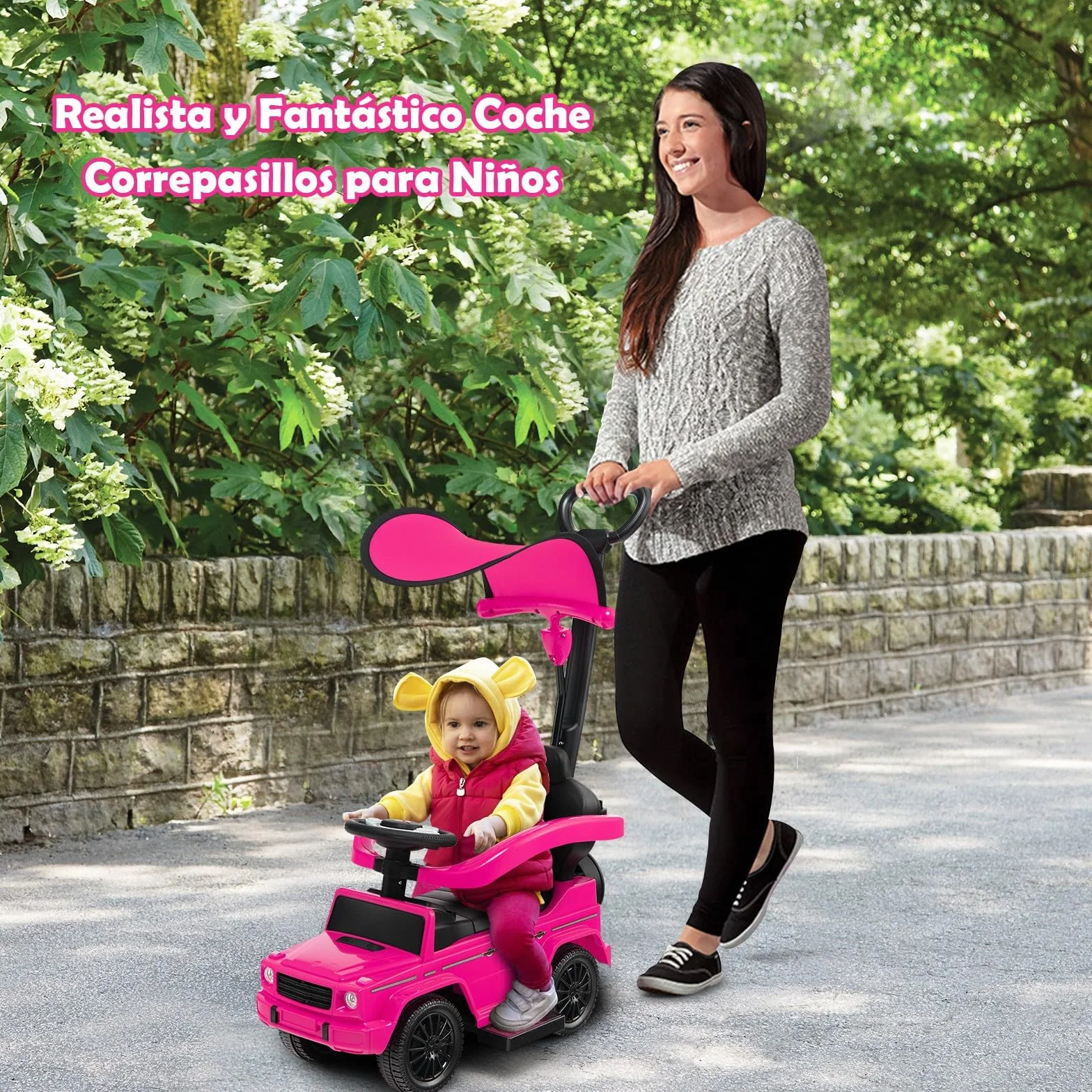 COSTWAY 3 en 1 Coche Correpasillos para Niños, Coche de Paseo Infantil Mercedes Benz con Toldo Ajustable, Manija para Padres, Barandilla para Apoyabrazos, Sonido del Motor y Bocina (Rosa)