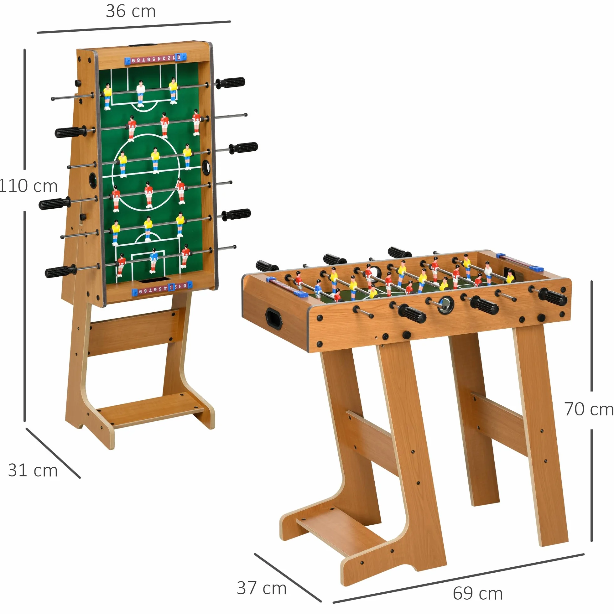 HOMCOM Futbolín Plegable para Niños y Adultos Futbolín de Madera 69x37x70 cm con 2 Bolas 6 Asas 2 Marcadores de Puntos 18 Jugadores para Familias Fiestas Juegos Natural