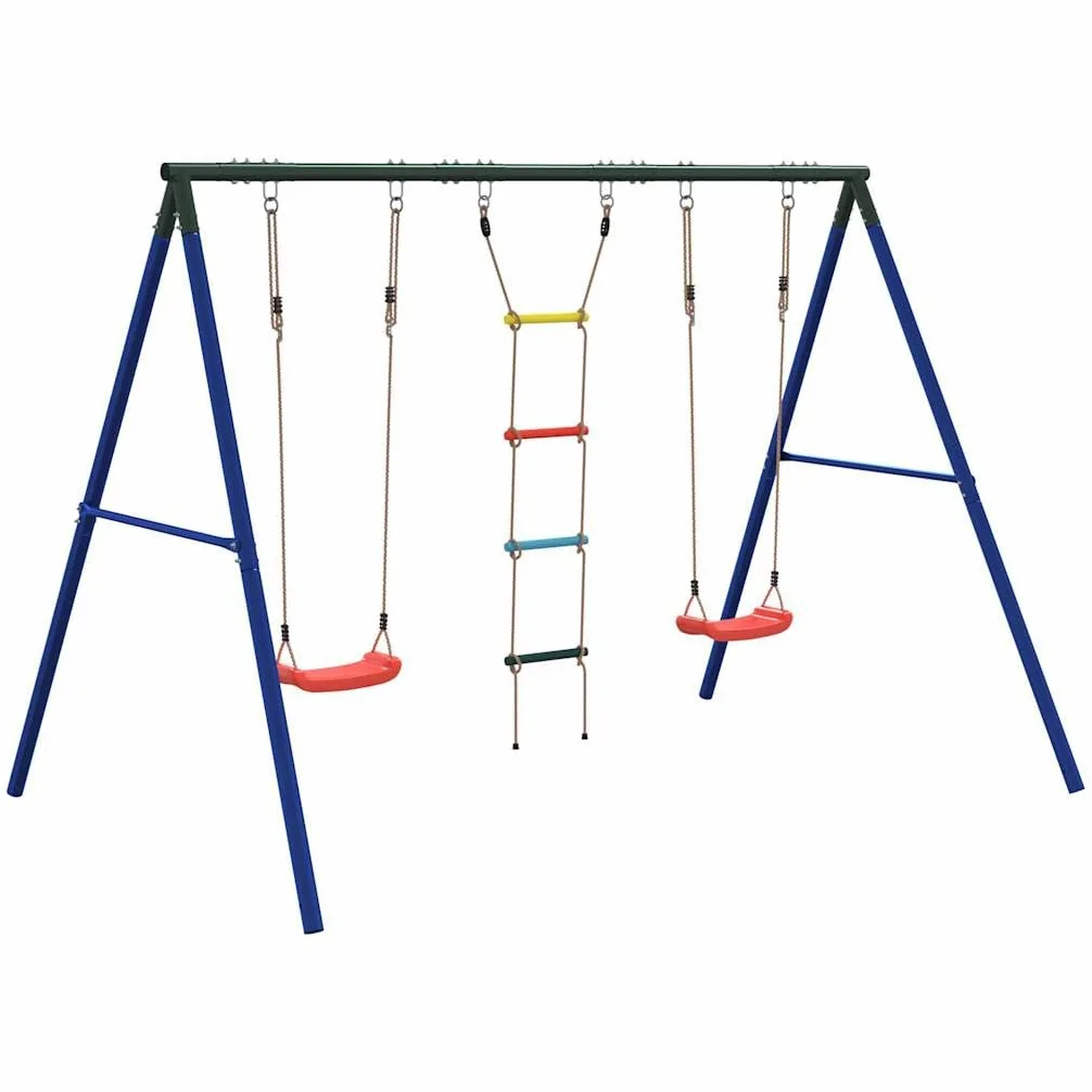Juego de 2 columpios y escalera de tejer, estructura de acero lacado, 273,5 x 185 x 185 cm, juguete de jardín para niños, zona de juegos en el jardín, promueve la motricidad y el movimiento