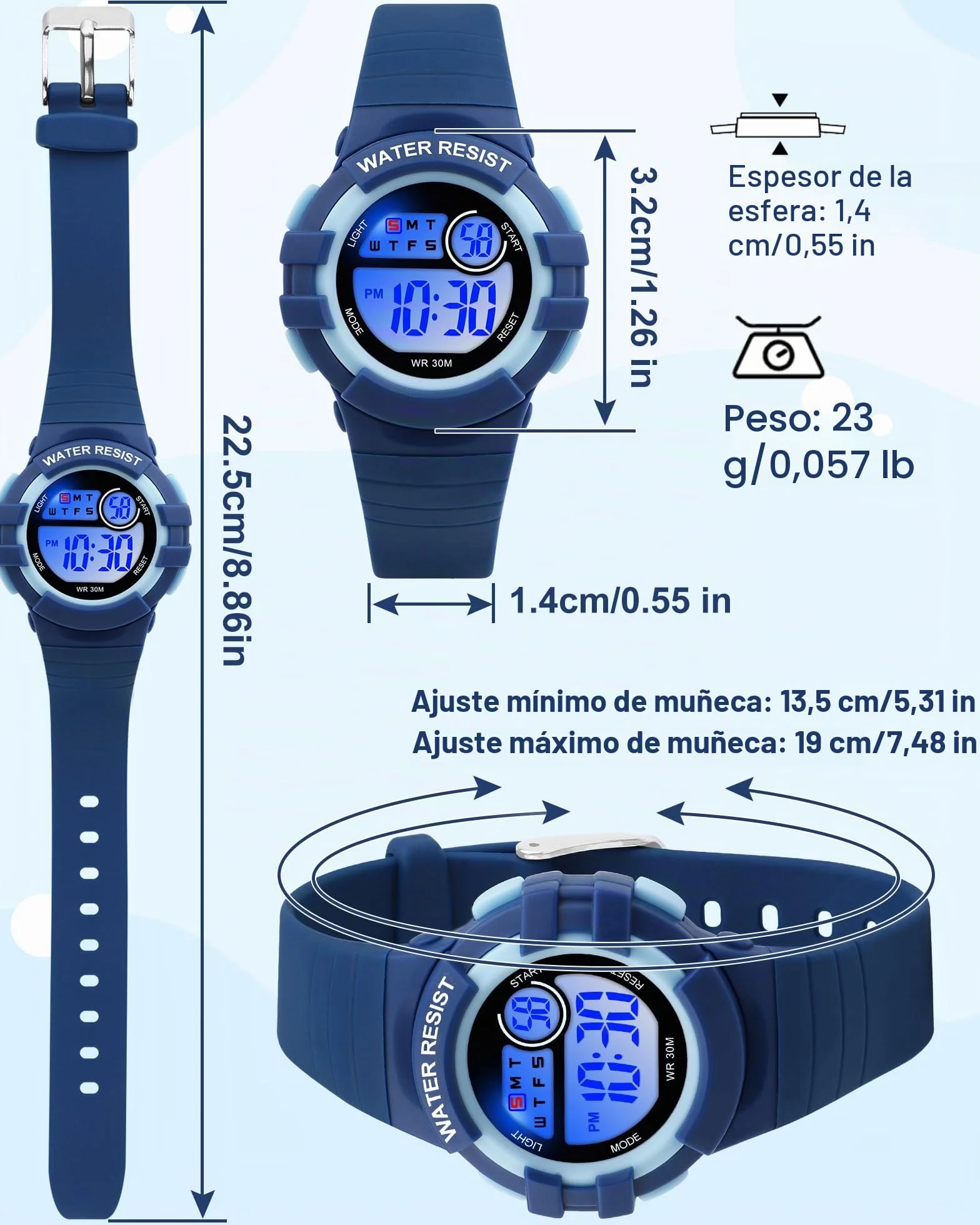 Reloj Niño Digital Infantil con 7 Luces LED, Impermeable 3 ATM, Alarma, Fecha, Cronómetro, Deportivo Pulsera