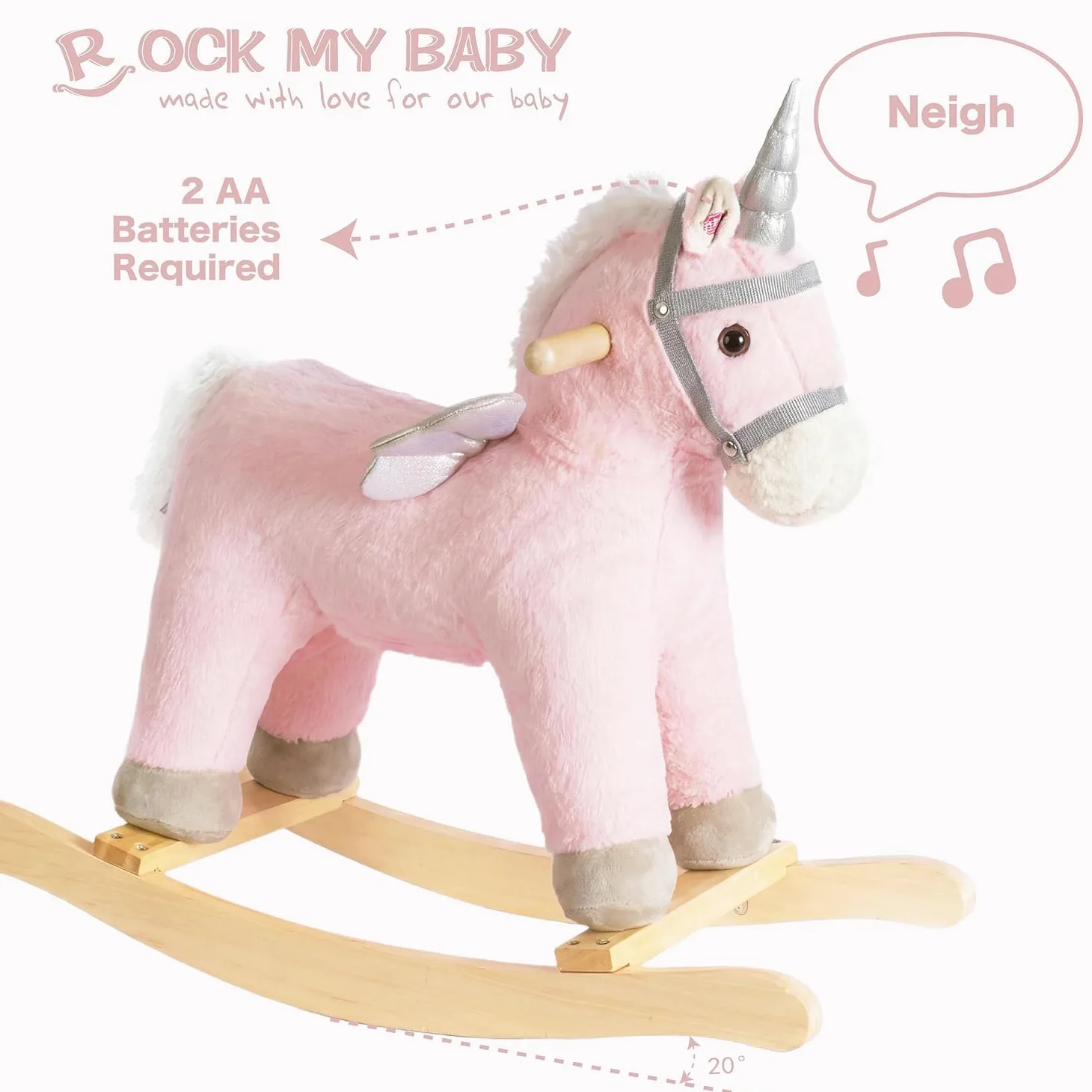 Sacudiendo los caballos, marrón oscuro caballo Rocker para niños pequeños 18M +, juguete de paseo de peluche en caballo con sonido realista, relleno suave (rosa)