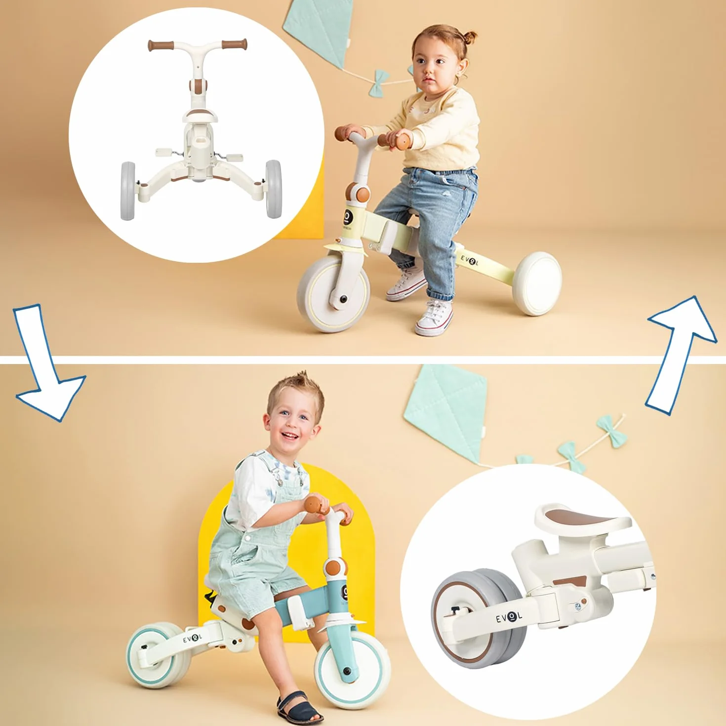 Olmitos - Triciclo Evolutivo de Bebé 5 en 1 - Bicicleta Niños Desde 1 Año hasta 25 Kg - De Triciclo a Bicicleta con o sin Pedales – Adaptable y transformable (Evol, Gris)