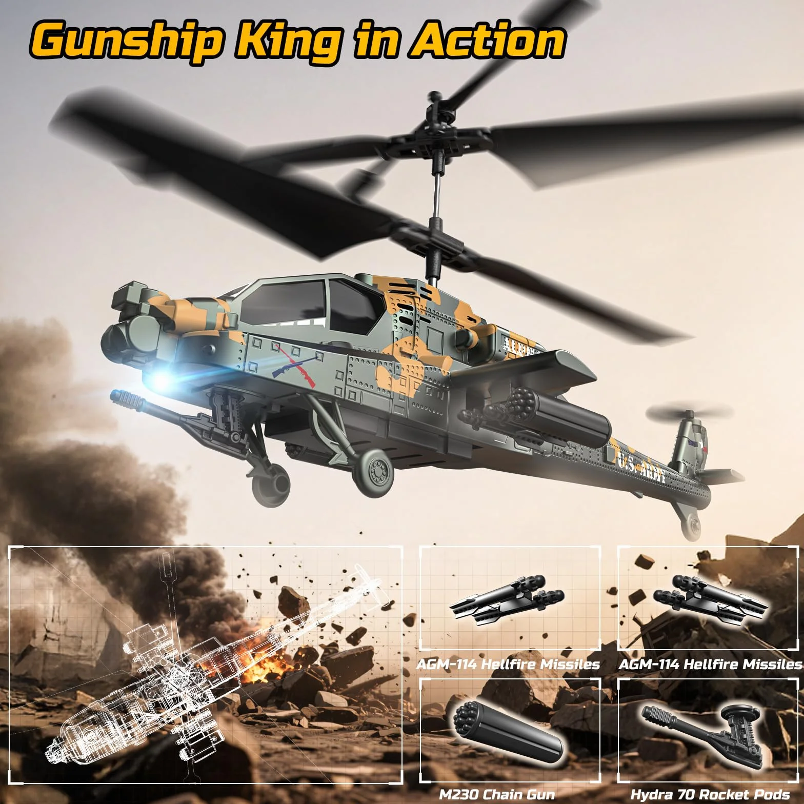 DEERC Helicóptero RC para Adultos y niños, helicóptero Militar Control Remoto 2.4 GHz, 2 baterías, 26 Minutos de Vuelo, Luces LED, retención altitud, despegue con una Sola tecla, Apto para Interiores