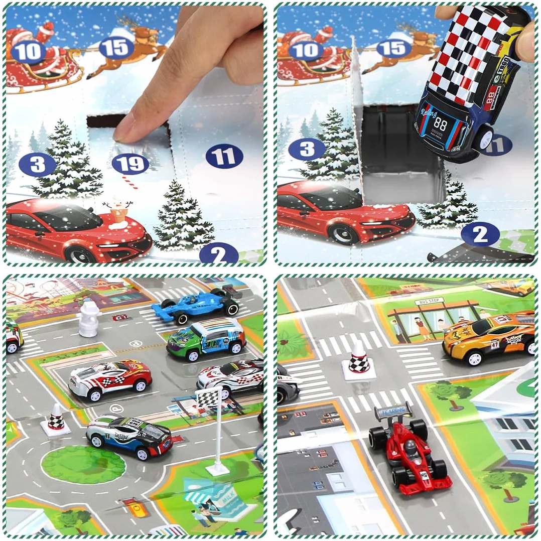Sprinlot Calendario Adviento Coches, Juguetes de Carreras con Medalla Señales de Tráfico, Calendario Adviento Niños, Calendario de Cuenta Regresiva, Navidad Regalo para Niños Niñas