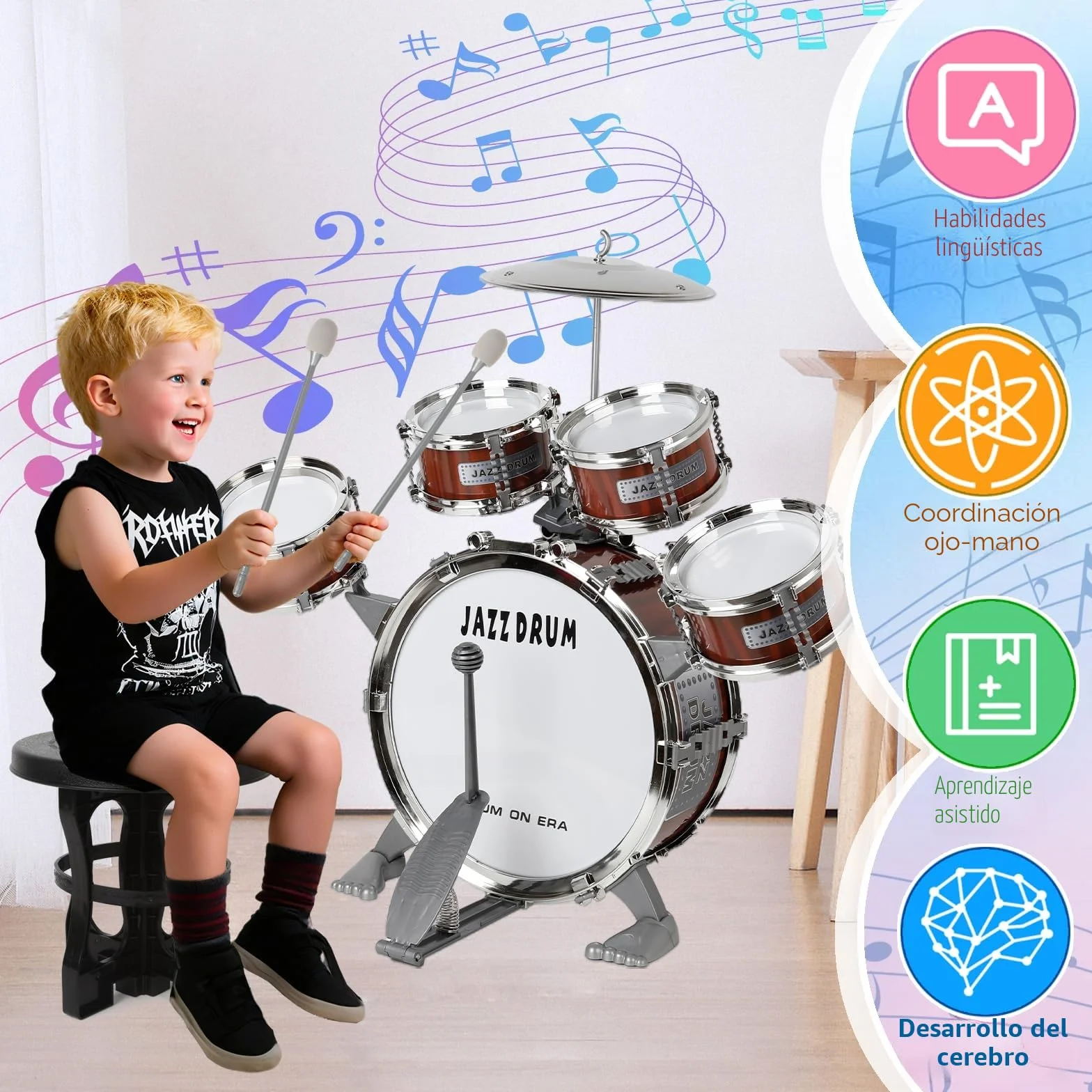 m zimoon Batería de música para niños Kit, Juego Tambor Jazz Junior 5 Tambores con Taburete para Instrumento Musical de Percusión Día ​Festivo Regalo uguete Educativo por Niños Y Niñas Principiantes