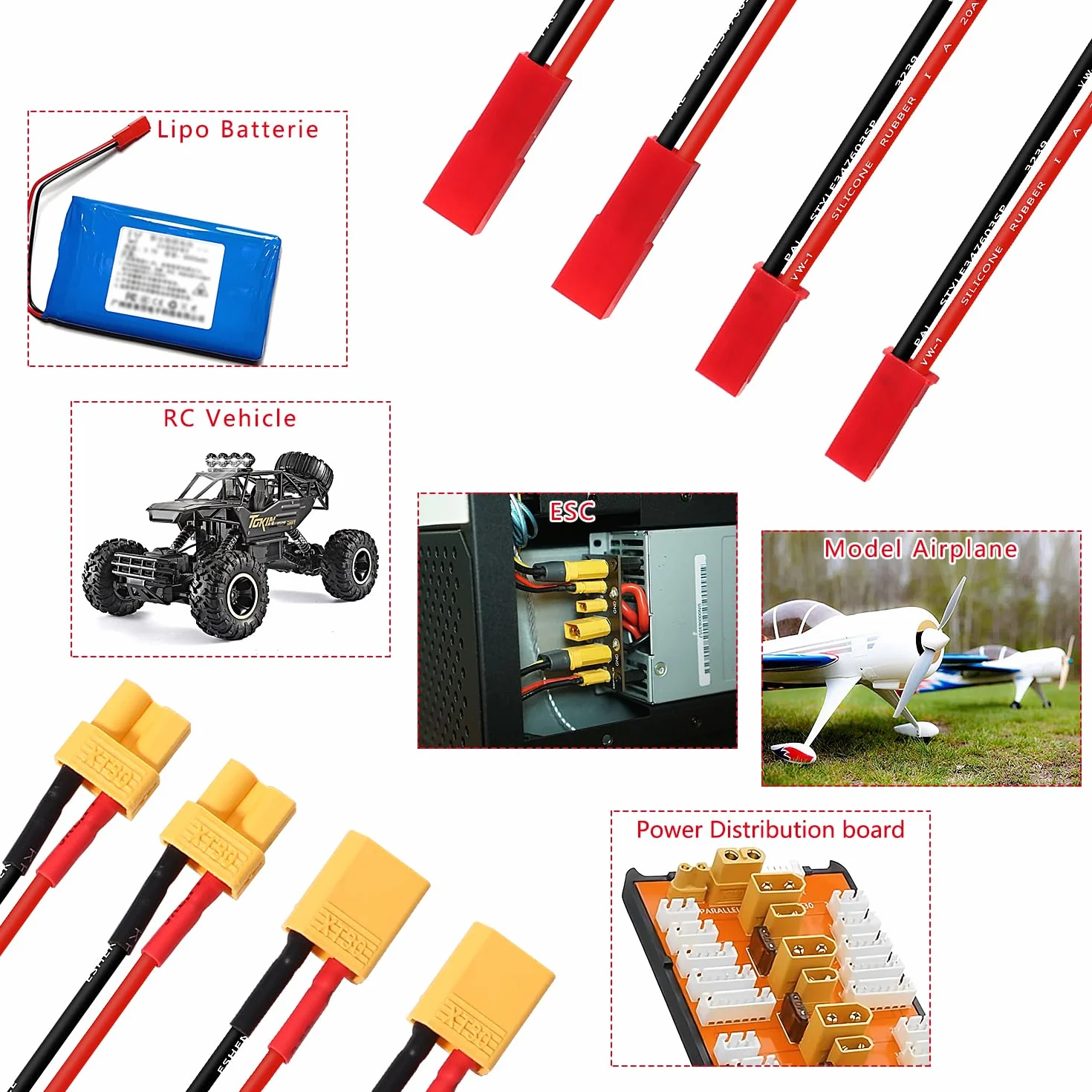YIXISI 4 Piezas XT30 a JST Cable de Adaptador, JST Conector a XT30 Conector con Cable de Silicona 15cm 20AWG, para Vehículos RC y Baterías Lipo