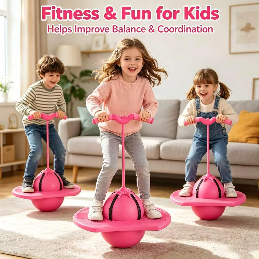 Pelota De Equilibrio Saltarín, Divertida Equilibrio Saltar Pelotas Juguete,, Pelota Saltarina con Mango, Base Antideslizante, Juguete Interior & Exterior, Deporte y Fitness para Niños y Adultos (Rosa)