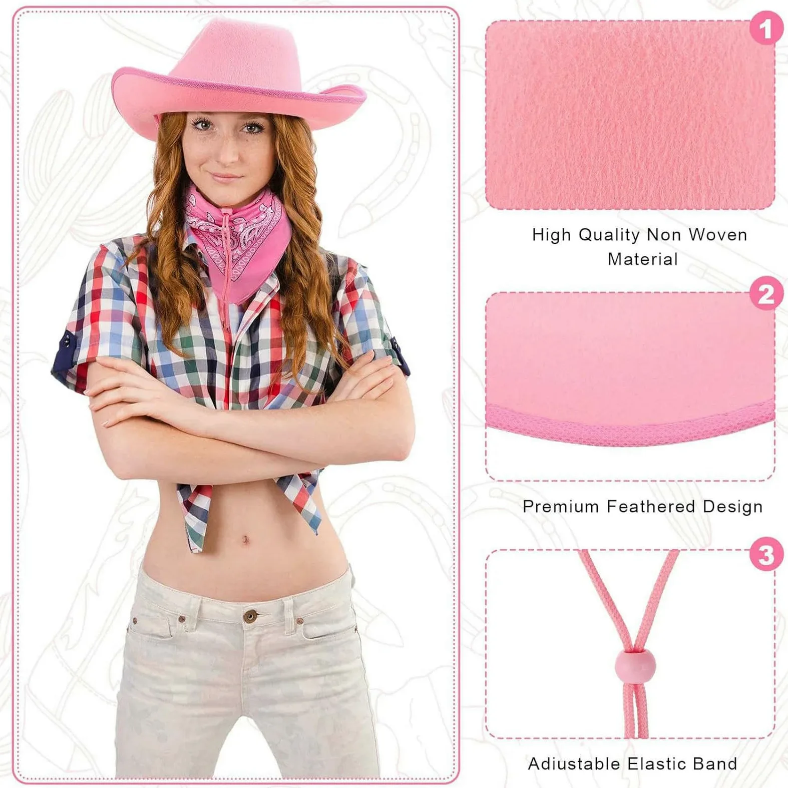 Gorro Pescador Negro Cowboy Hat Heart Gafas De Sol Paisley Bandana Set, Mujeres Soltero Kit Disfraz Fiesta, Estilo Occidental-Pink Set-24pcs