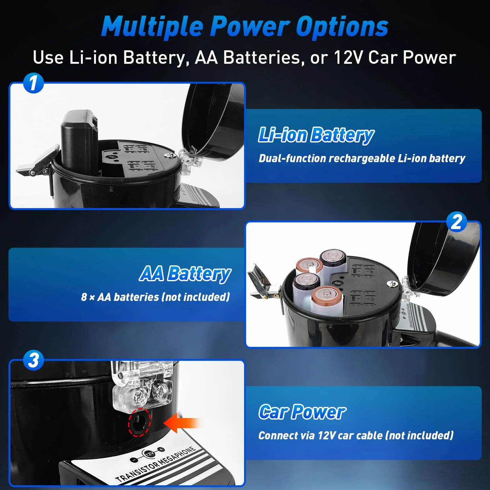 JAOGAUS Megáfono 100W con Bluetooth, Grabación, Sirena, Micrófono Externo, USB, Doble Alimentación