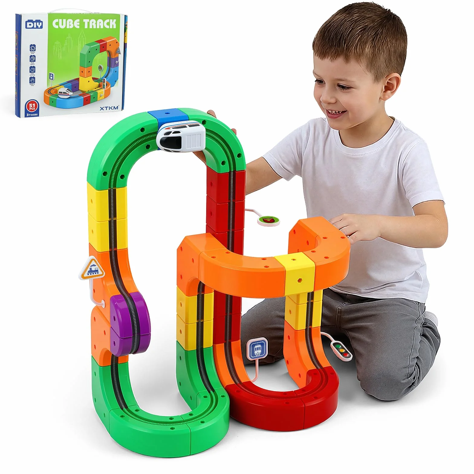51 Piezas Juego de Trenes de Cubos mágicos, Juego de Trenes eléctricos, diseños 3D Integrados, Pista de Carreras Flexible, Juguete de construcción de automóviles motorizados