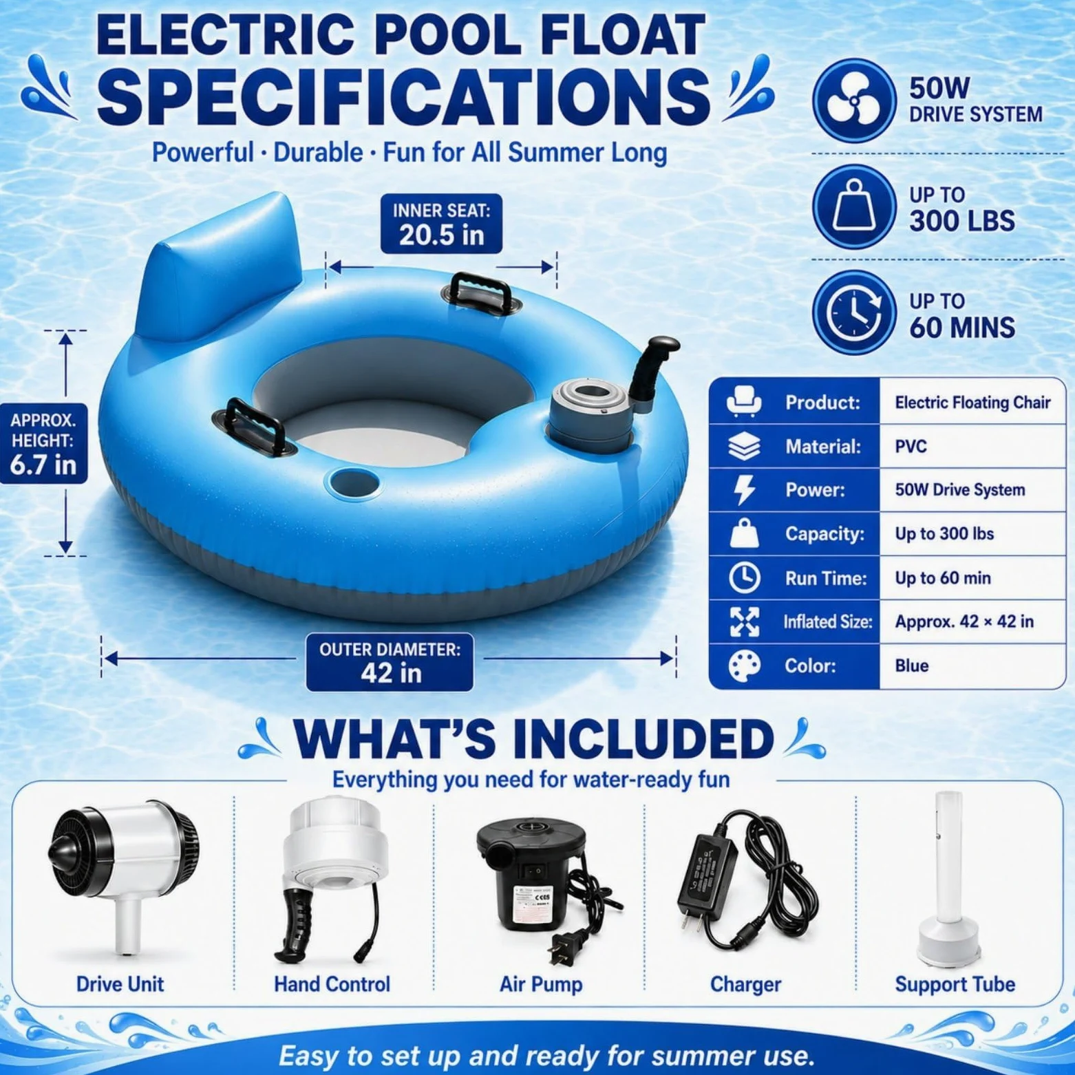 Flotador Motorizado para Piscina, Motor 50 W, Joystick 360° | PVC Grueso, Capacidad 136 kg, Autonomía 60 Min para Usuarios 14+ en Piscina, Lago, Ríos Tranquilos