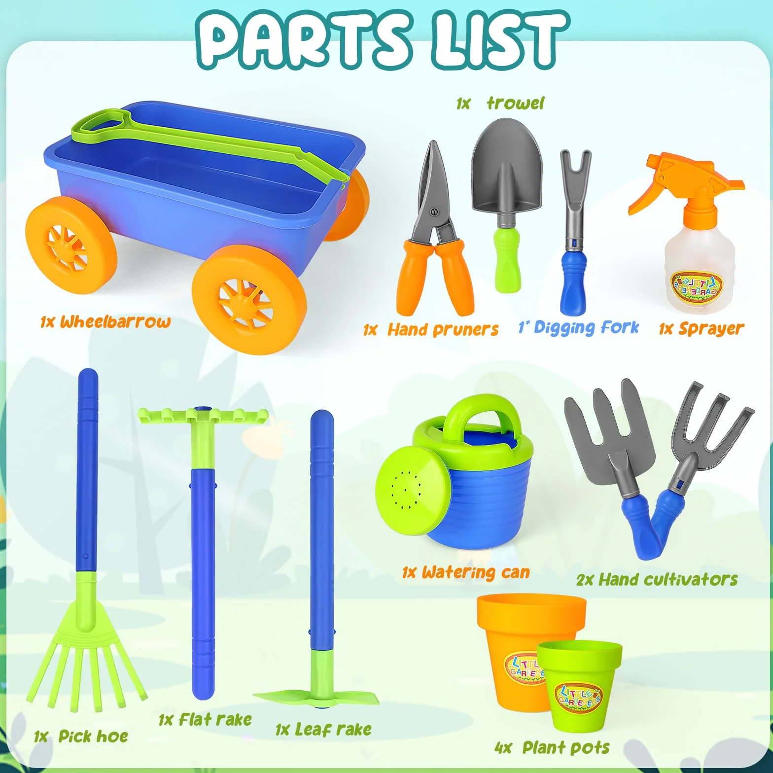 deAO Carretilla y Herramientas de Jardín para Niños y Niñas - Juego de Juego con Herramientas de jardinería, Incluye 10 Accesorios y 4 Macetas para Plantas (Azul)