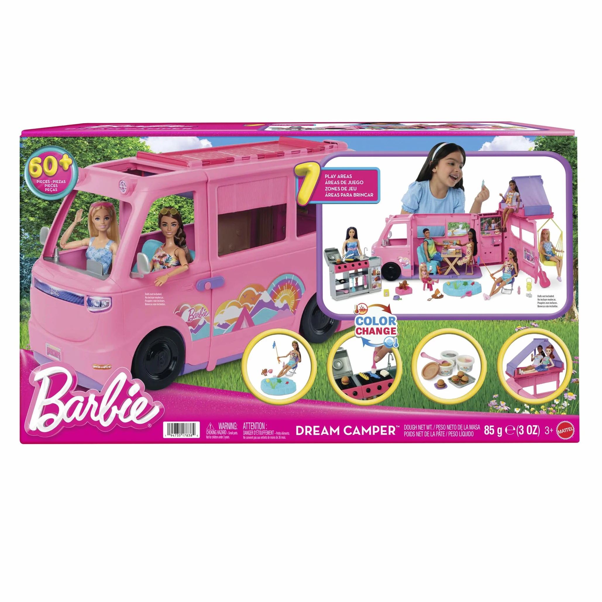 Barbie Súper Caravana DreamCamper Conjunto de juego con tienda de campaña en el techo, columpio, estanque de pesca, barbacoa con función de cambio de color y más de 60 accesorios, incluida masa, HRJ78