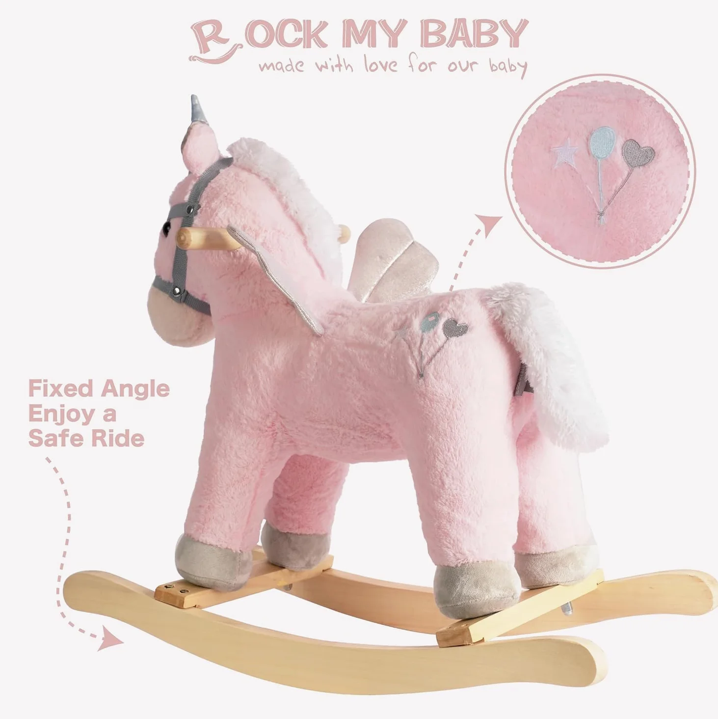 Sacudiendo los caballos, marrón oscuro caballo Rocker para niños pequeños 18M +, juguete de paseo de peluche en caballo con sonido realista, relleno suave (rosa)