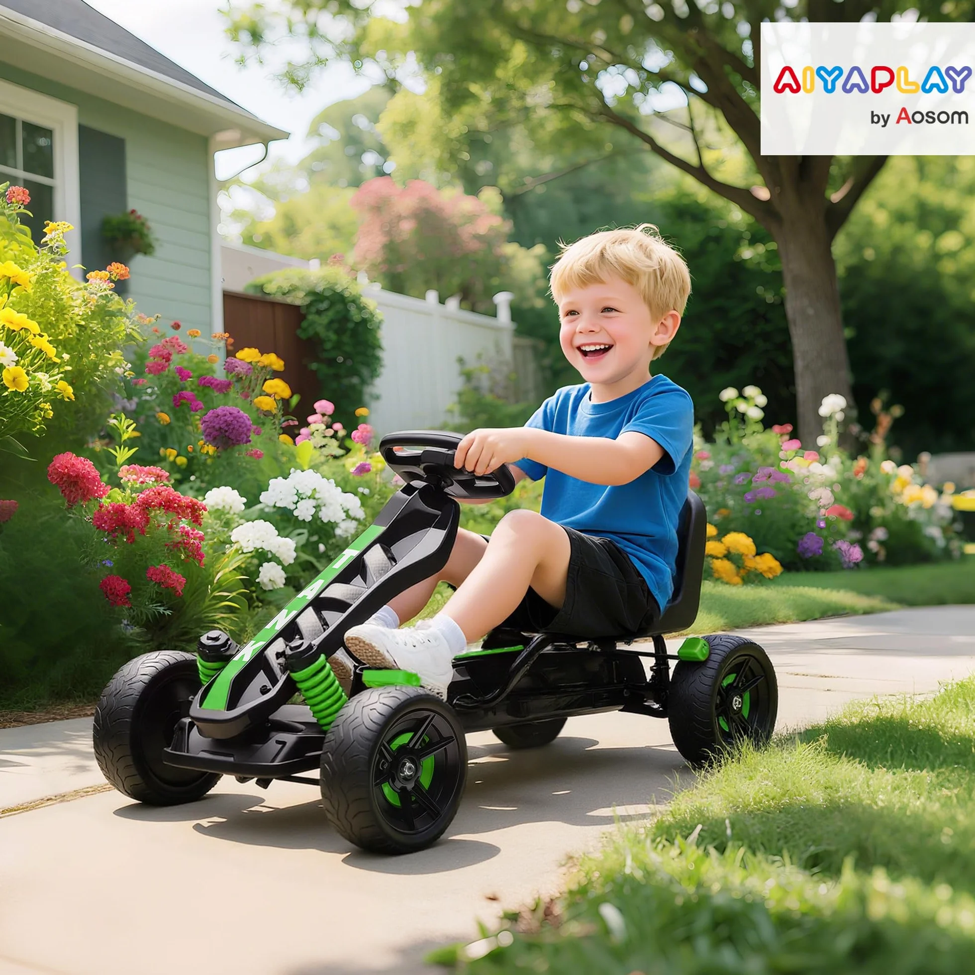 AIYAPLAY Kart Pedales para Niños de +3 Años Go Kart con Embrague Automático Freno Ruedas Antideslizantes de EVA y Marco Metálico Carga 50 kg Verde