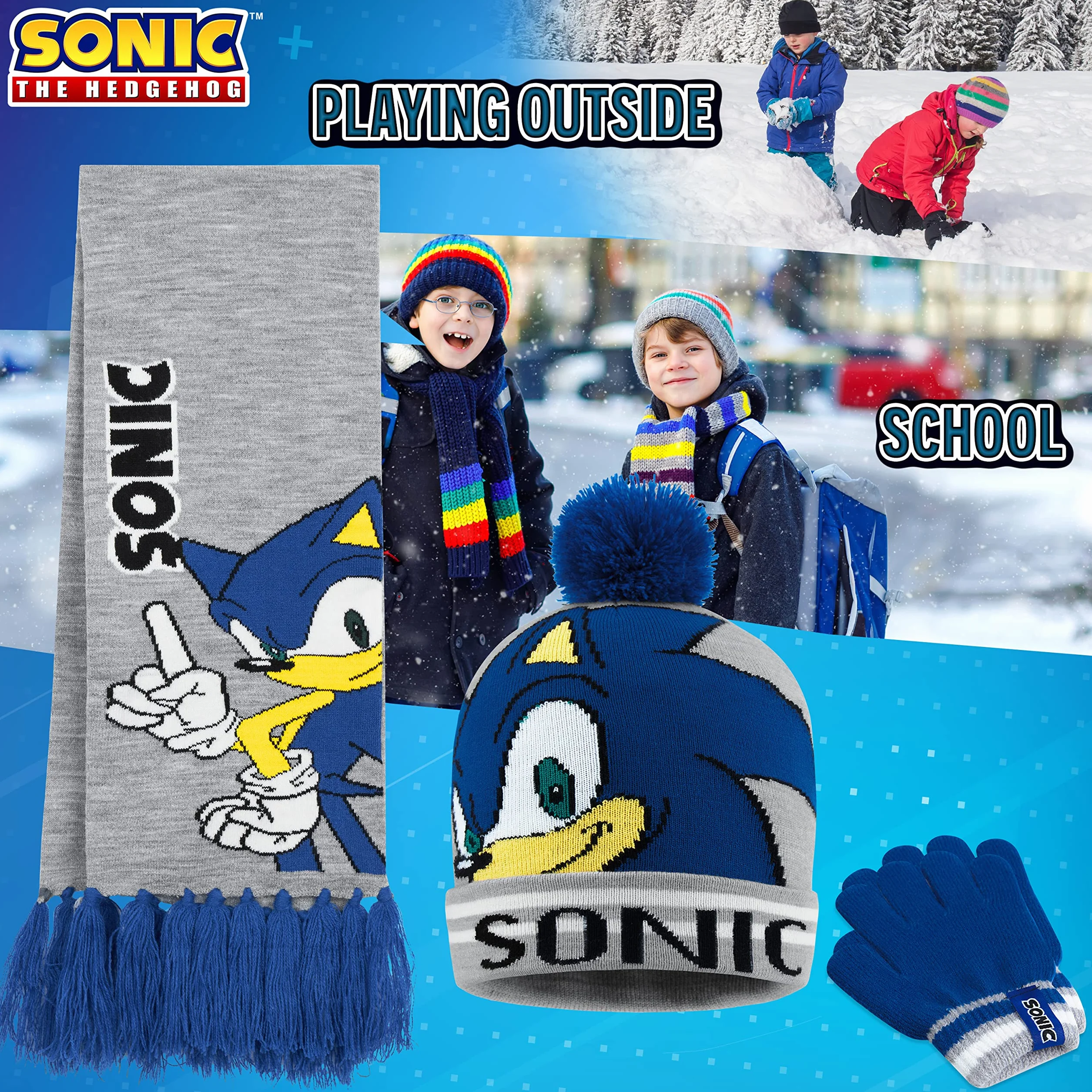 Sonic The Hedgehog Set de bufanda, Gorro y Guantes para Niños