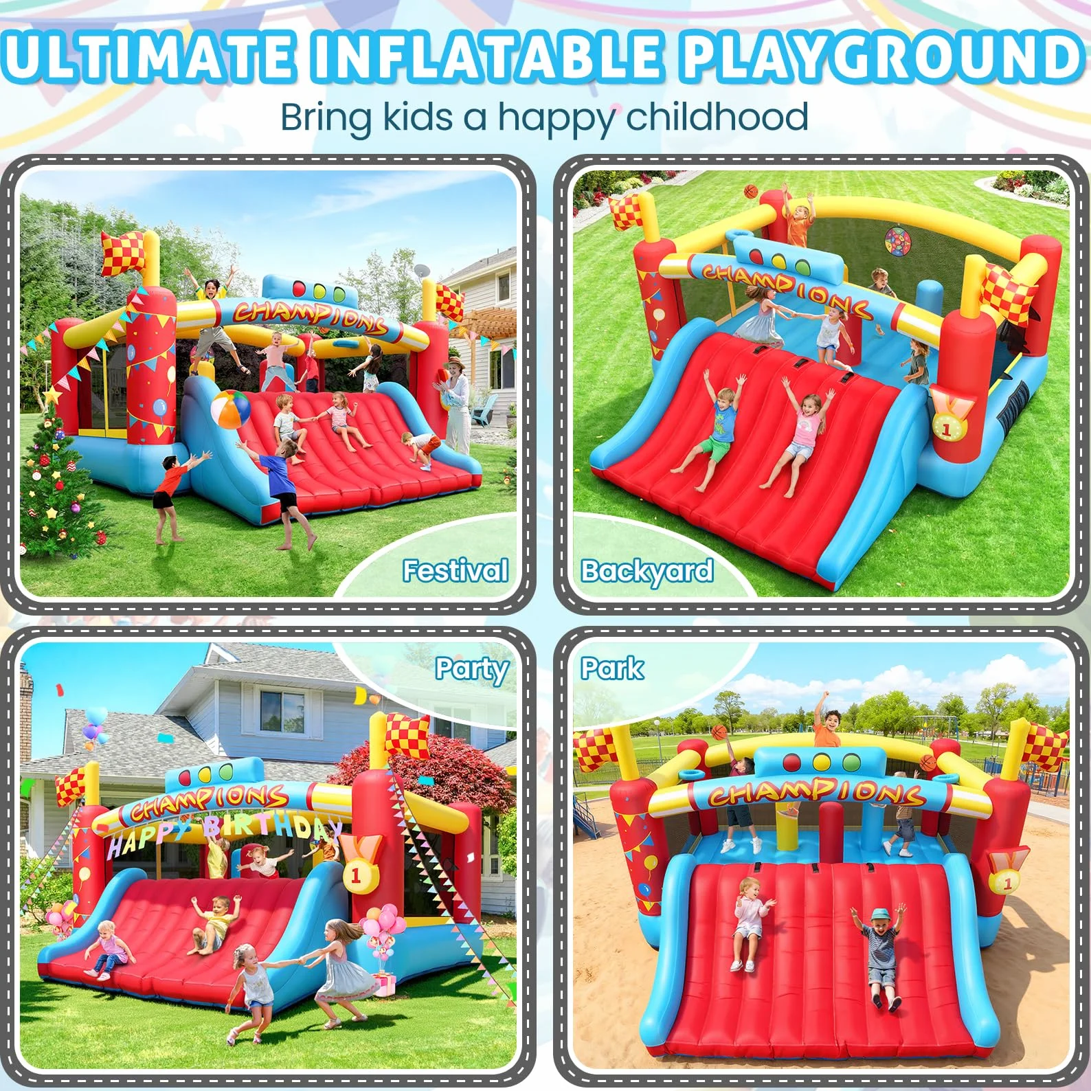AKEYDIY Gran Casa de Rebote Inflable para Niños Grandes, Casa Hinchable con Tobogán Extra Ancho/Temas de Carreras de Escalada para Centro de Juego - Obstáculos de Patio Trasero, Castillo Hinchable