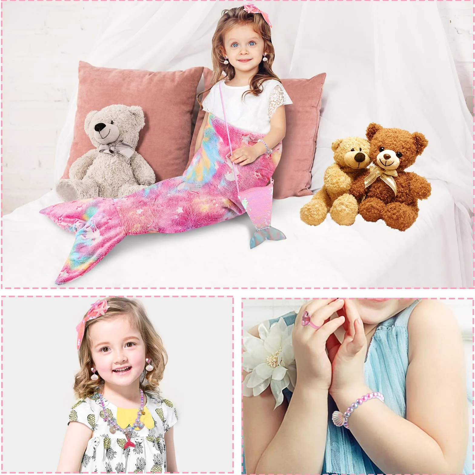 Cyiecw Saco Dormir Niña Manta Infantil Sirena 100x50CM, Aleta de Sirena Niños Manta Resplandor en la Oscuridad, Manta de Franela Sirena con Bolso de Lentejuelas y Accesorios de Joyería de Sirena