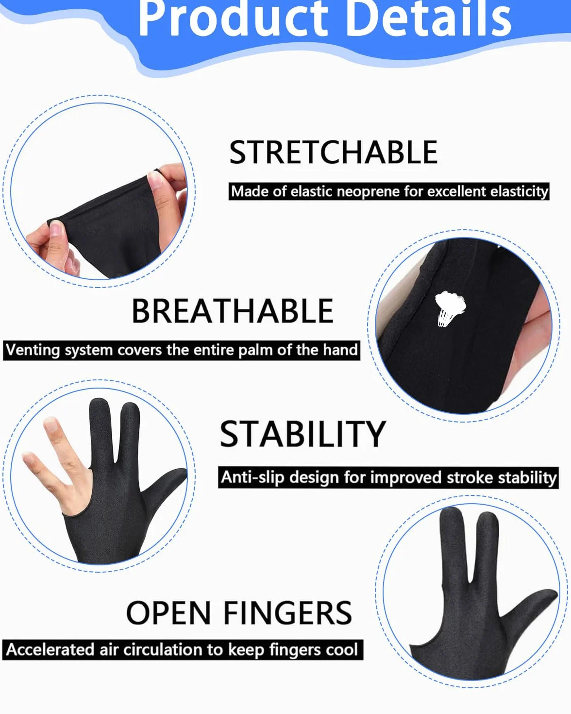 Guantes de billar con 3 dedos elásticos unisex para zurdos