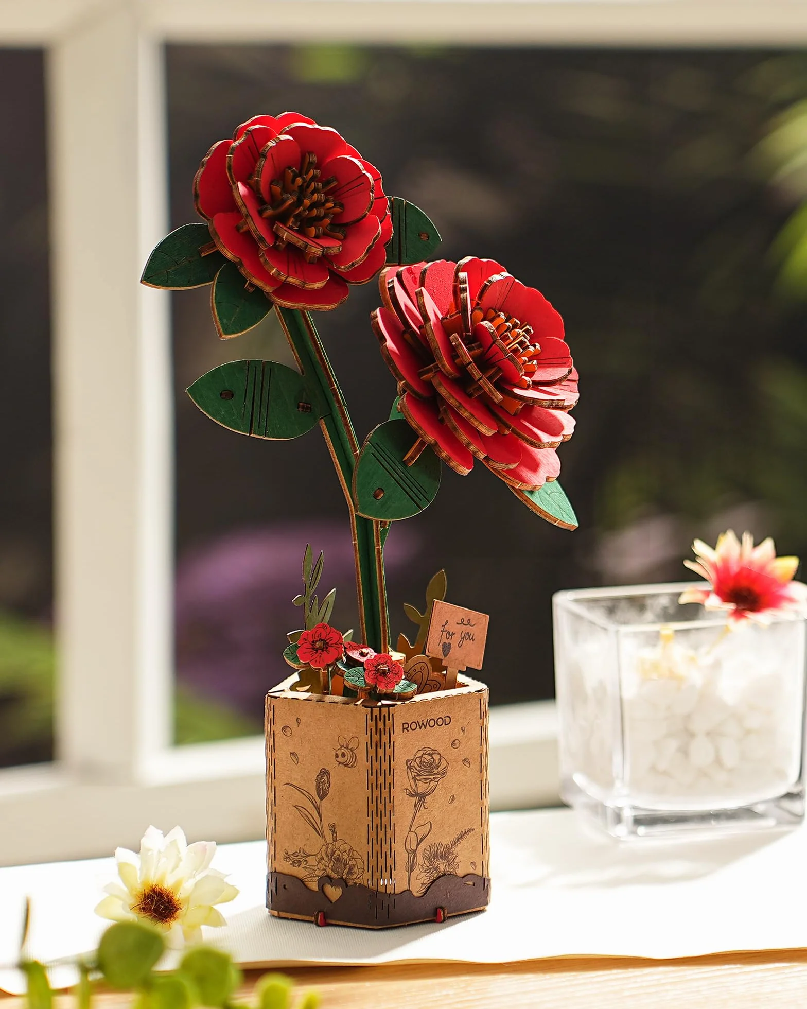 Puzzle 3D DIY Flor de Madera Maqueta de Flores Artificiales para Montar Adultos (Red Camellia)