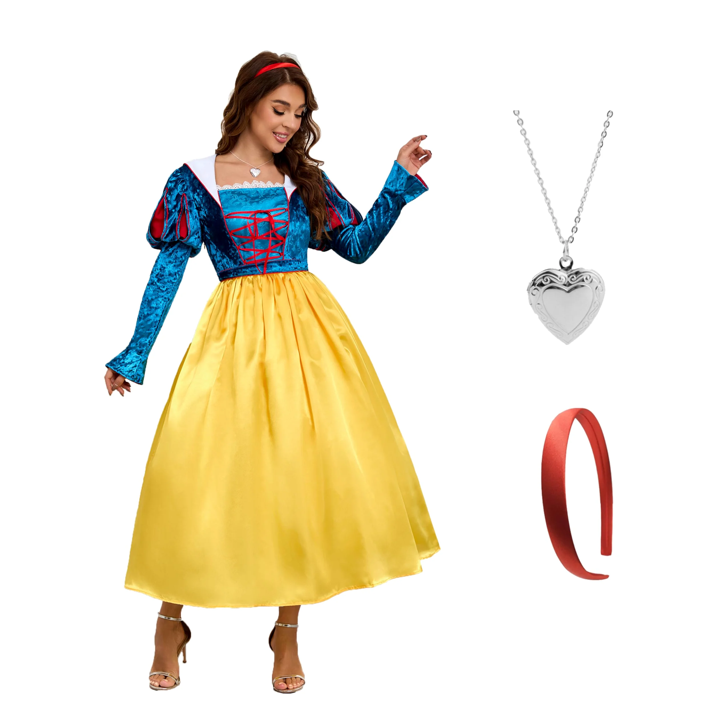Disfraz de cuento de hadas para mujer, disfraz de Blancanieves con lazo rojo, diadema, capa, Halloween, carnaval, princesa