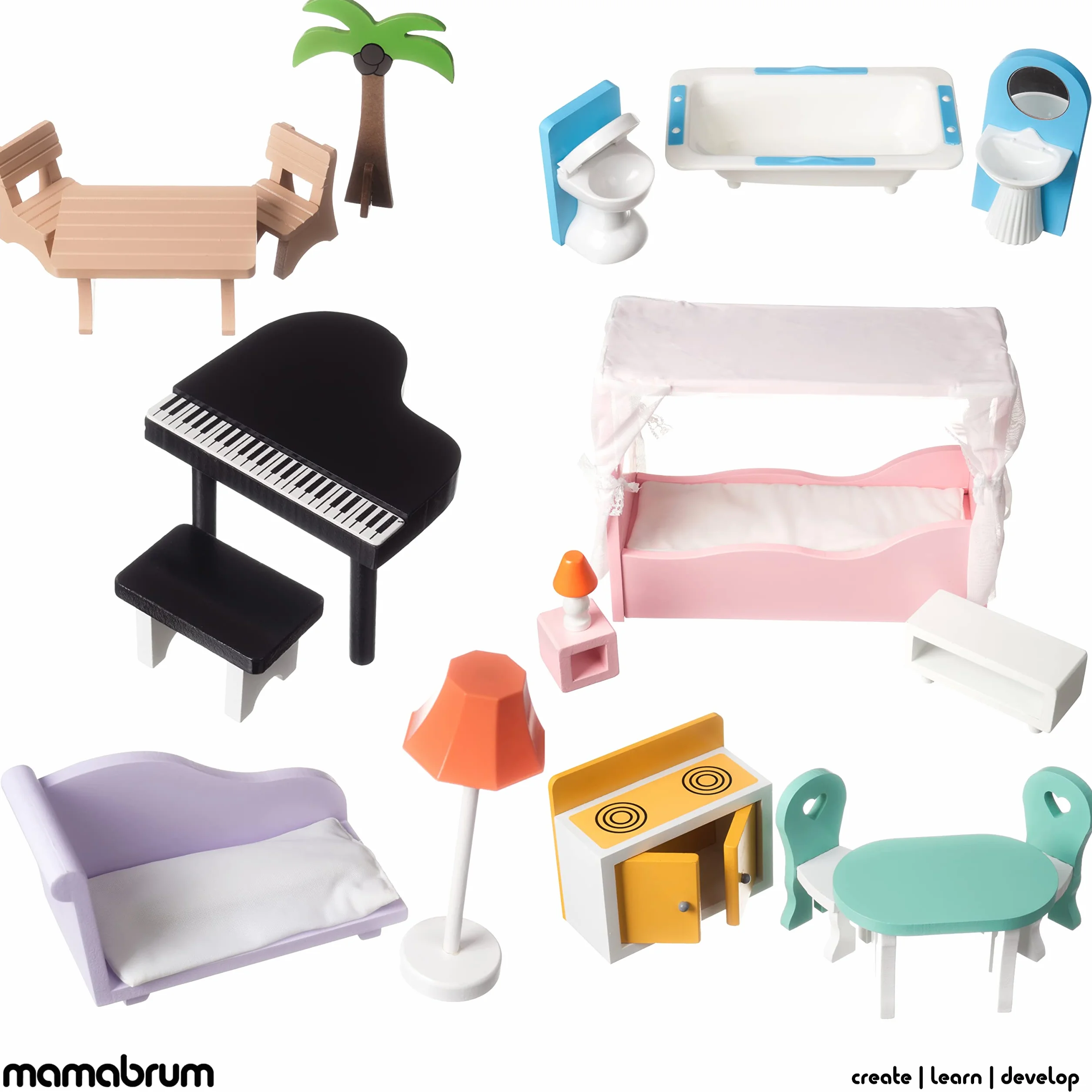 Mamabrum Casa de Muñecas de Madera XXL con LED – Casita de Muñecas de 3 Pisos con Muebles, Jardín y Accesorios – Casa de Barbie de Madera Educativa para Niñas +3 Años