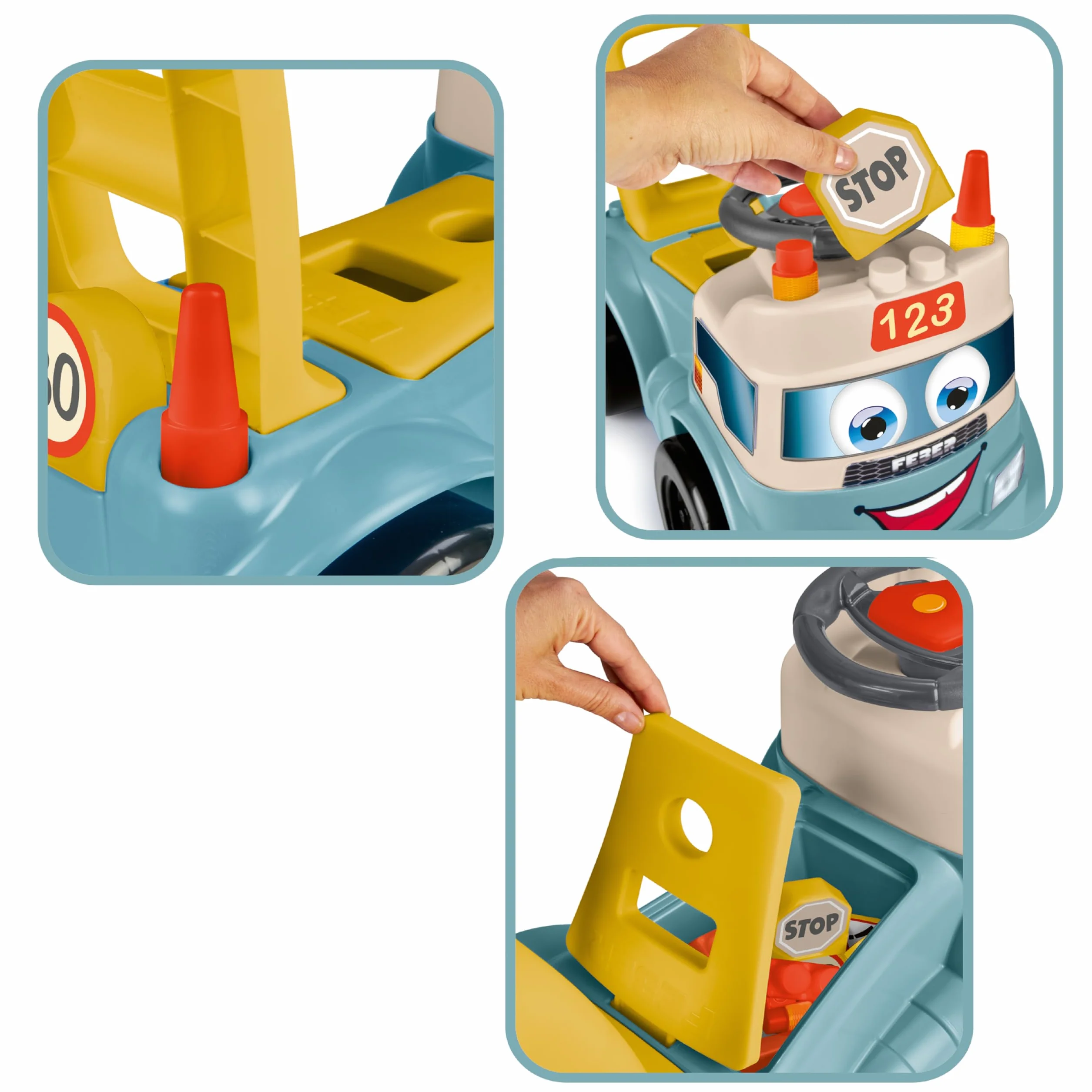 FEBER Motofeber Casual Blocks, Correpasillo de Empuje y Andador, Juego 3 en 1, Incluye Panel de Encajables y 10 Bloques de Figuras Geométricas, Maletero para Guardar Bloques, Famosa (FED32000)