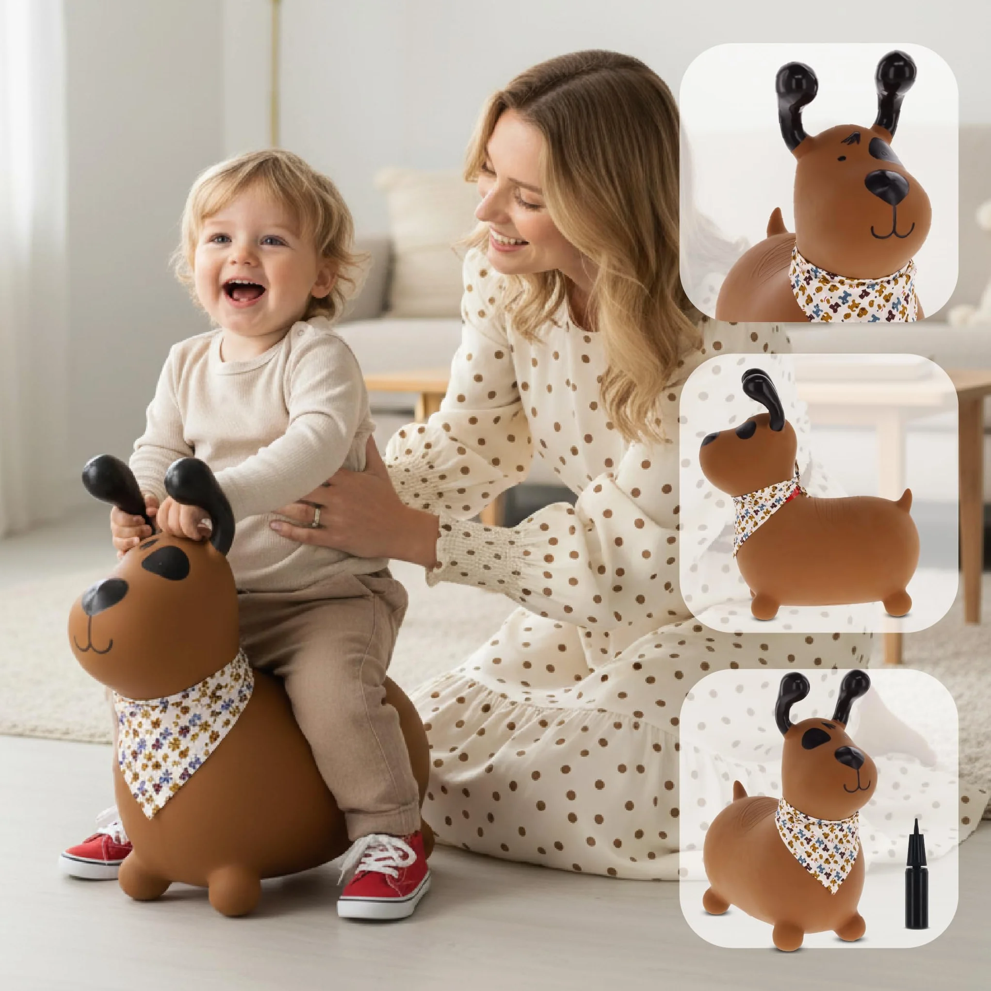 sun baby Saltador Hinchable para Niños hasta 45 Kg sin BPA, de 1 año, Pelotas saltarinas para niños (Perro marrón con Bandana)