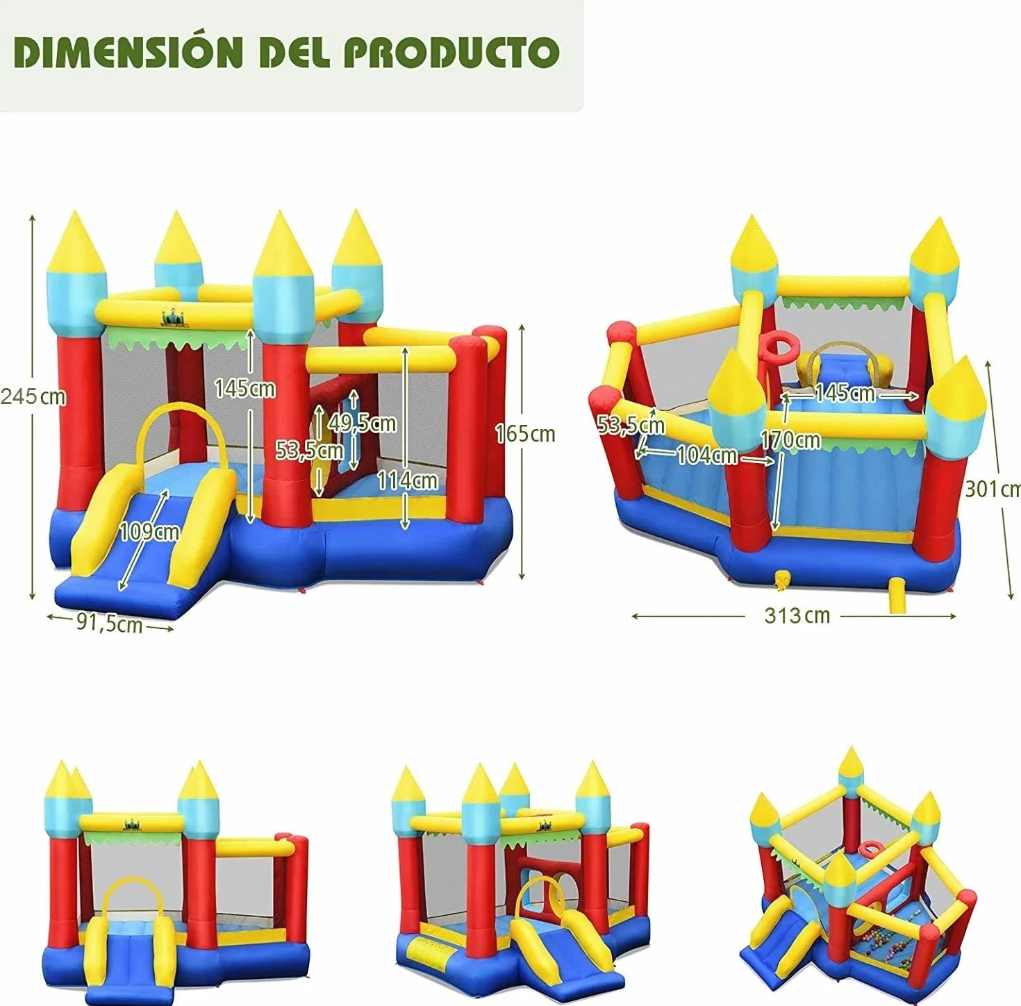 COSTWAY Castillo Hinchable con Tobogán, Castillo Inflable de 301x313x165cm para Niños de 3 a 10 años, con 100 Bolas Oceánicas, Kit de Reparación y Bolsa de Transporte (con Soplador de 480 W)