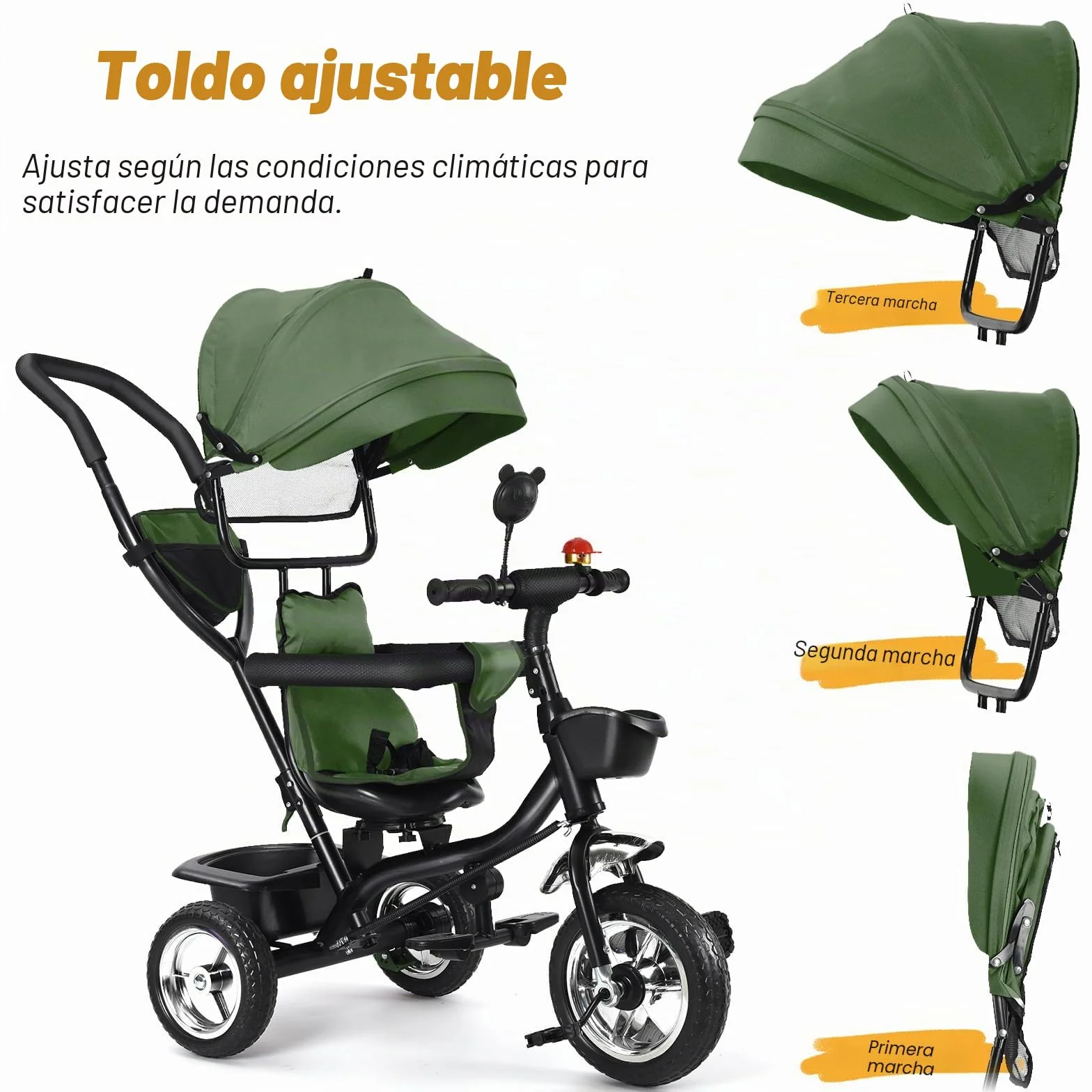 OHMG Triciclo bebé evolutivo 5 en 1 bicicleta. Silla de paseo con mango de empuje, toldo desmontable, cinturón de seguridad de 5 puntos, almacenamiento, reposapiés, freno, para niños de 1 a 5 años