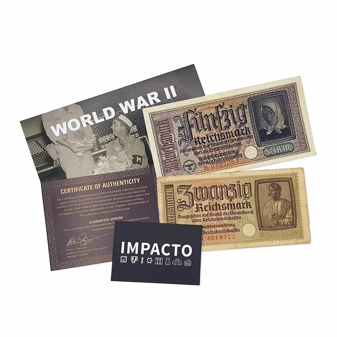 IMPACTO COLECCIONABLES | 2 Billetes Auténticos de la Segunda Guerra Mundial (Invasión del Tercer Reich) | Piezas de Colección Históricas de 20 y 50 Reichsmark con Certificado de Autenticidad
