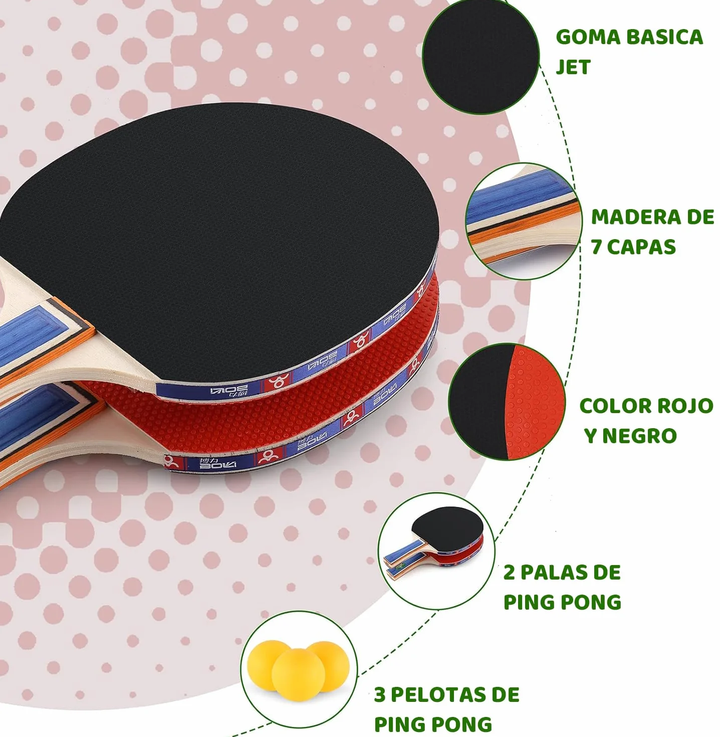 Set de Raquetas de Tenis de Mesa con 2 Raquetas y 3 Pelotas de Ping Pong