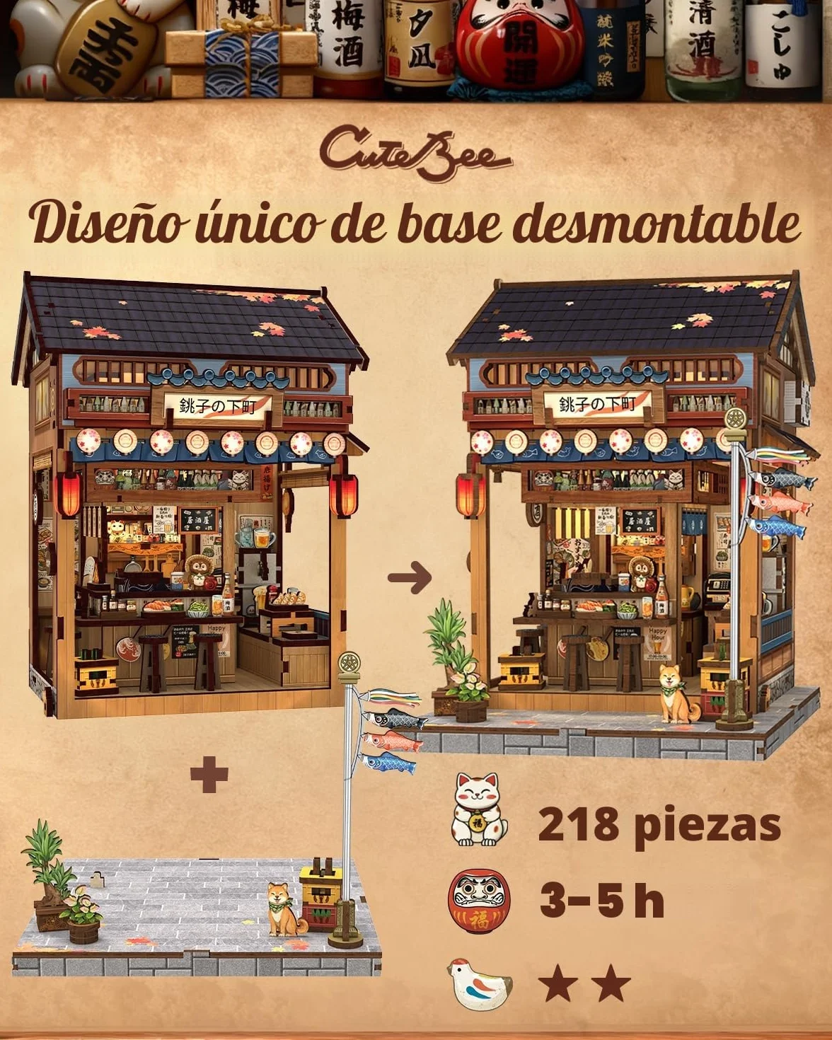 CUTEBEE Book Nook Kit para Adultos - Maqueta 3D Izakaya Japonesa en Miniatura, Casa de Muñecas con Decoración para Estanterías, Puzzle de Madera DIY y Regalo Creativo（Choshi no Shitamachi）