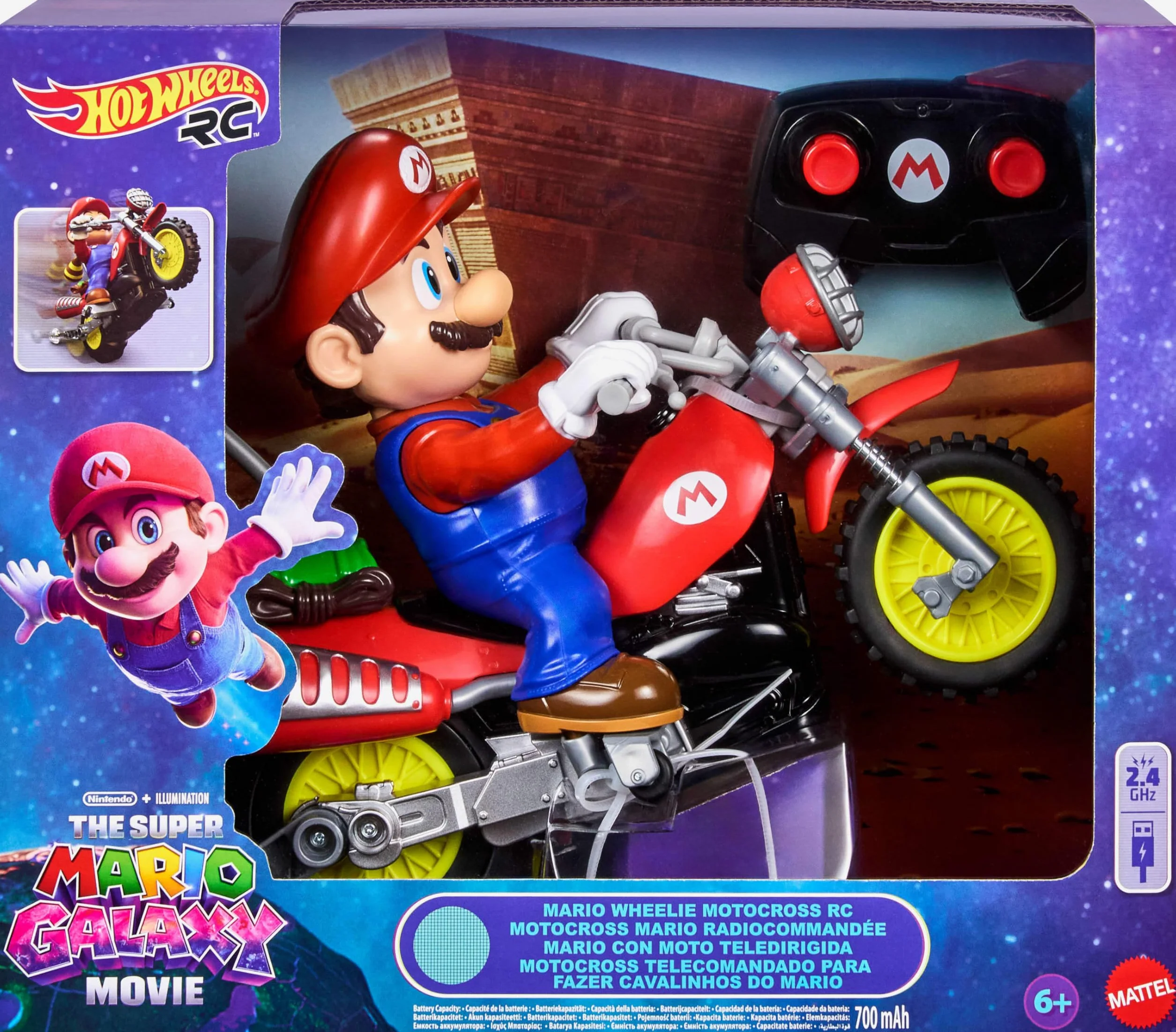 Hot Wheels Mario Kart Moto teledirigida, Moto de Motocross teledirigida para Hacer caballitos de “Super Mario Galaxy: la película” con Figura de héroe, JML15