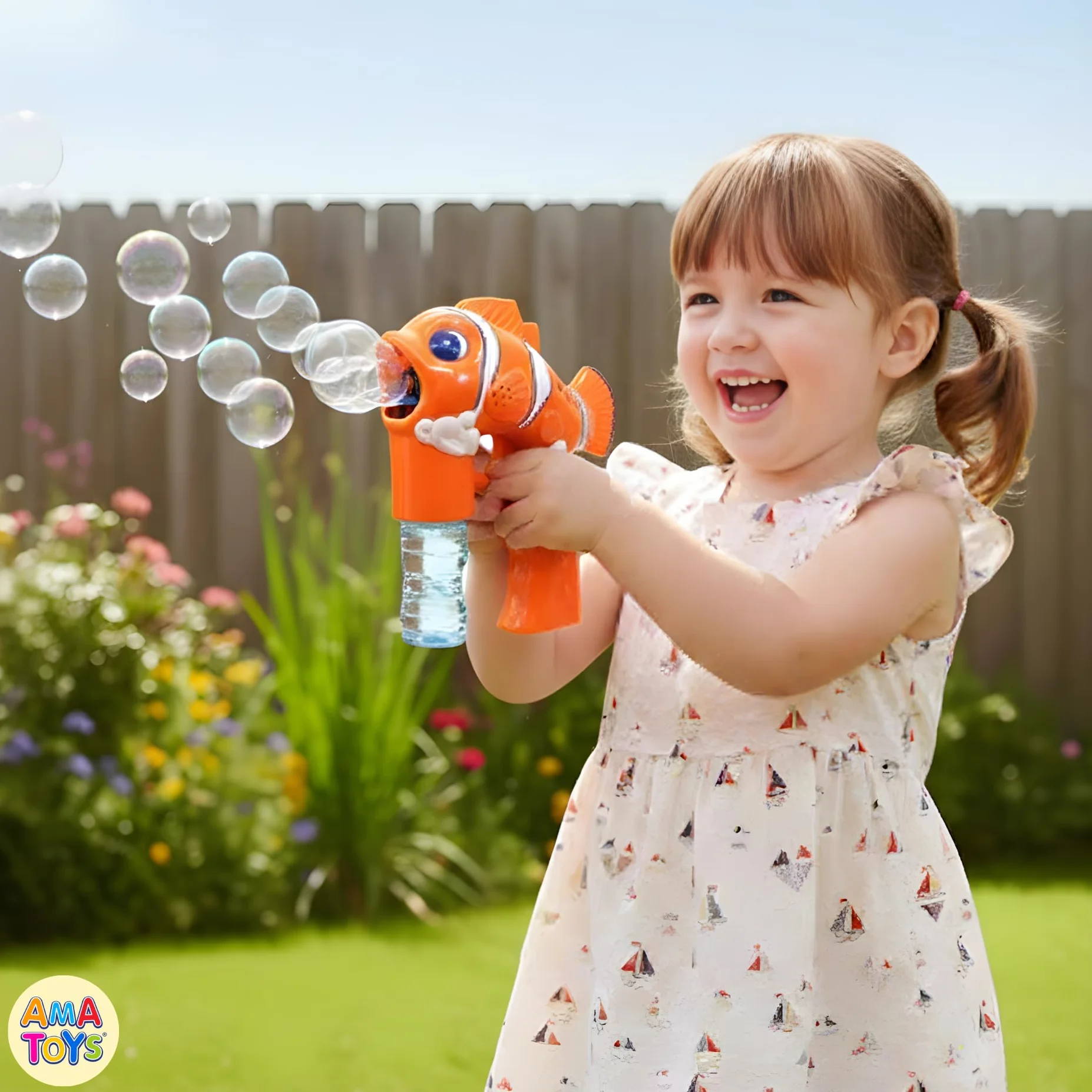Pistola de Burbujas - Set de 3 - AMATOYS - Máquina de Pompas Automática con Luces - Forma de Animales - Pomperos para Niños y Niñas - Juguete para Piscina y Verano (PEZ_Naranja)