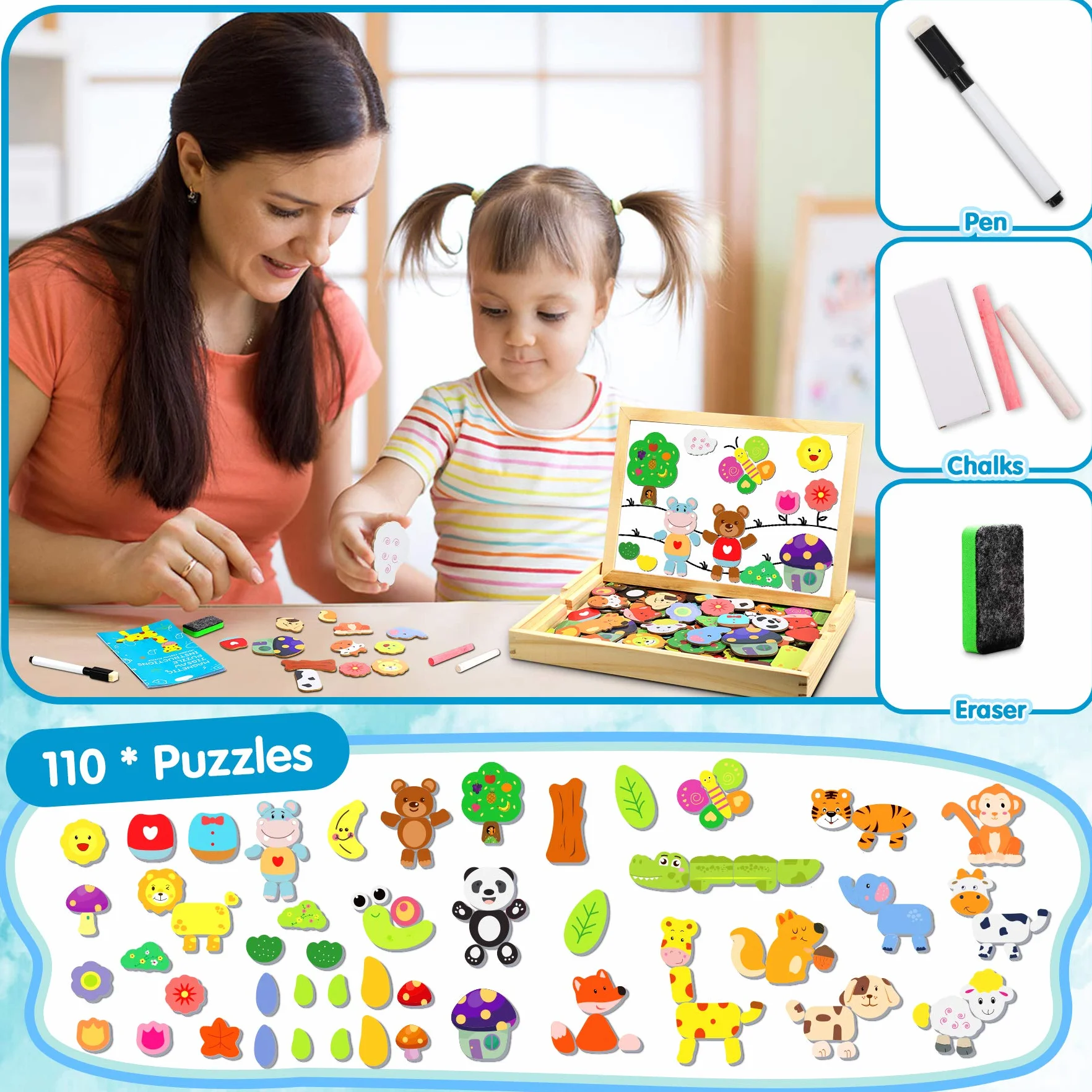 Puzzles de Madera 110 pcs, Juguete Educativo con Pizarra Magnética Doble Cara, Rompecabezas para Niños 3-5 Años Animales Bosque