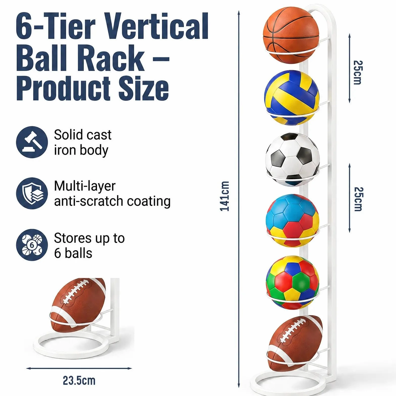 Estante de Almacenamiento de Pelotas de 6 Niveles, Soporte Vertical Extraíble para Baloncesto Fútbol Rugby Voleibol