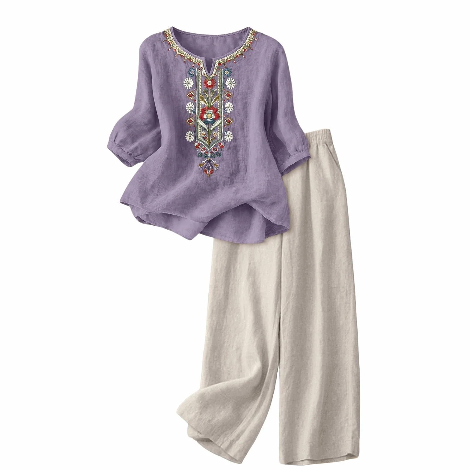 Riou Conjunto Mujer Verano 2 Piezas Algodon Lino Traje Primavera Ligero Chándal Blusa Manga 3/4 Pantalones M-3XL