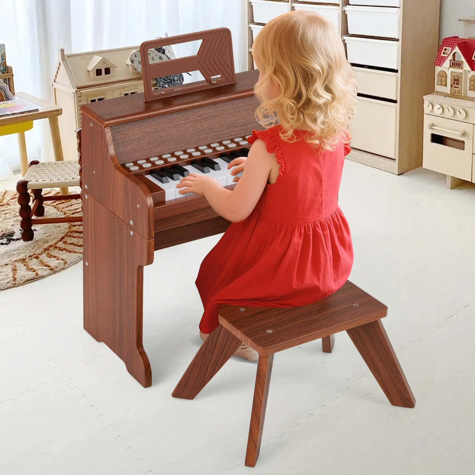 COSTWAY Piano Infantil de 25 Teclas con Taburete y Atril, Órgano Electrónico Niños con Velocidad y Volumen Ajustables, Modo de Enseñanza, Marco Madera, Instrumento Musical para Niños 3+ Años (Marrón)