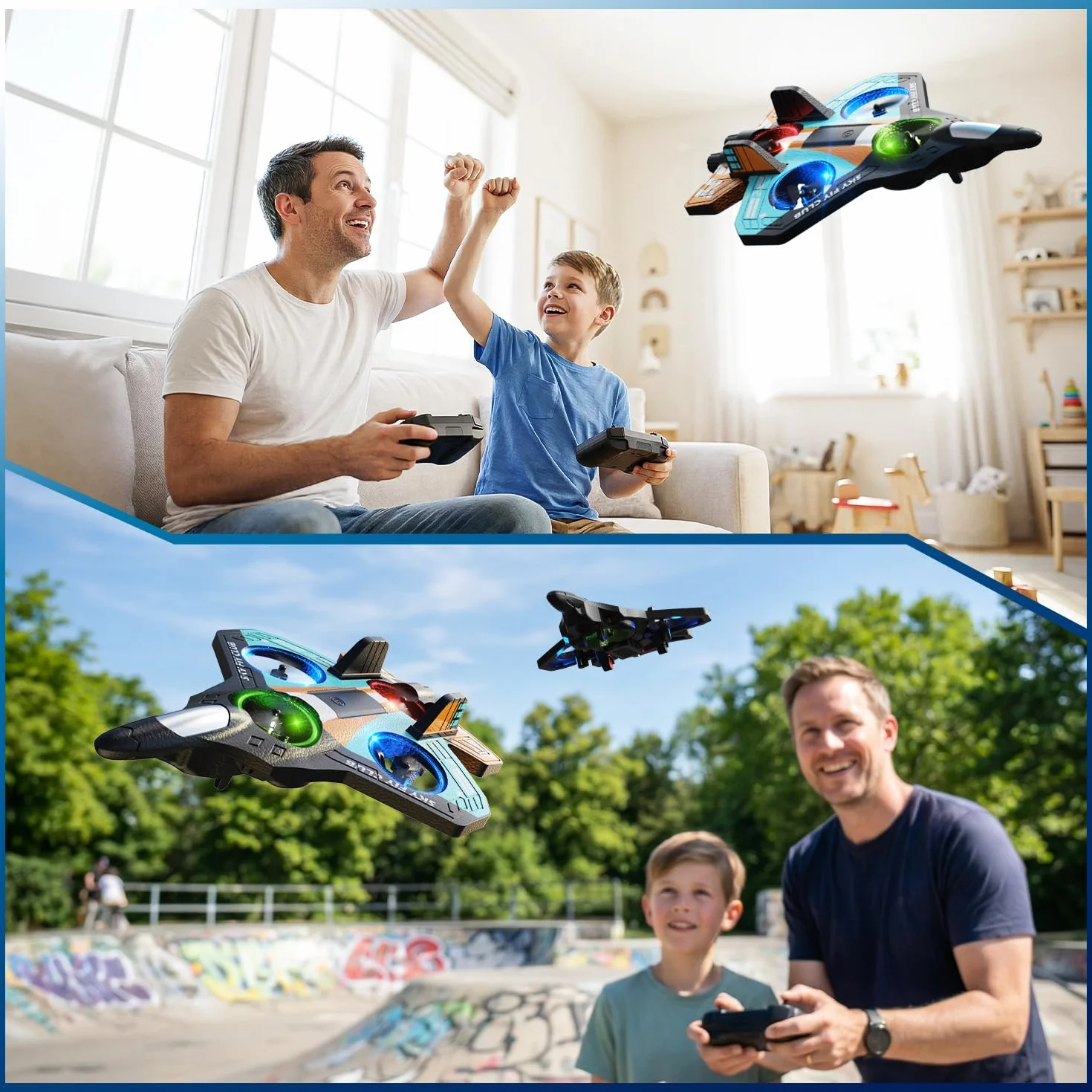 DEERC Avión de espuma RC para niños, avión teledirigido con altitud, volteos 3D y luces LED, 2 baterías, avión teledirigido para principiantes para niños y niñas (azul y naranja)